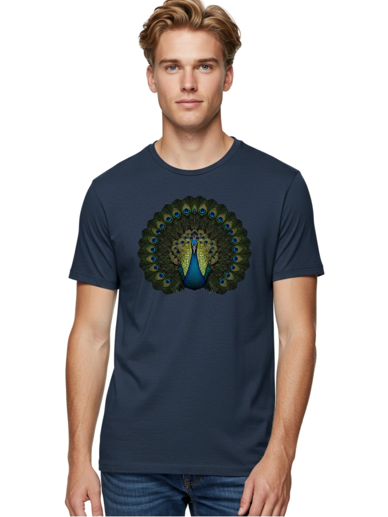 Peacock-15 Men'S Graphic Tee, 100% Cotton, Comfortable Casual Summer Wear, Machine Washable, Blue Peacock, Vibrant Plumage, Eye-Catching Display, Majestic Feathers, Regal Bird, Stunning Colors, Intricate Patterns, Blue And Gold Hues, Bab076 25