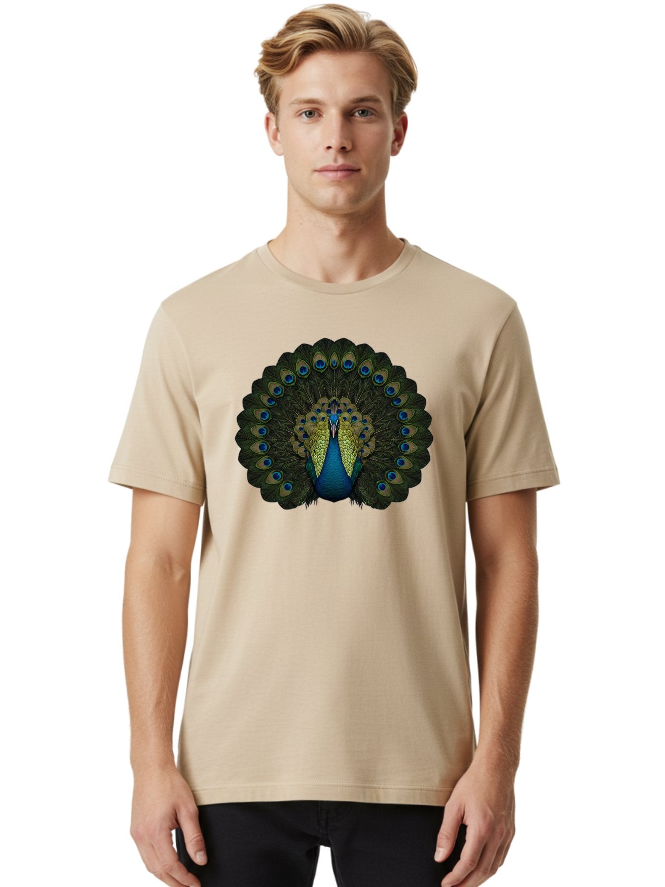 Peacock-15 Men'S Graphic Tee, 100% Cotton, Comfortable Casual Summer Wear, Machine Washable, Blue Peacock, Vibrant Plumage, Eye-Catching Display, Majestic Feathers, Regal Bird, Stunning Colors, Intricate Patterns, Blue And Gold Hues, Bab076 22