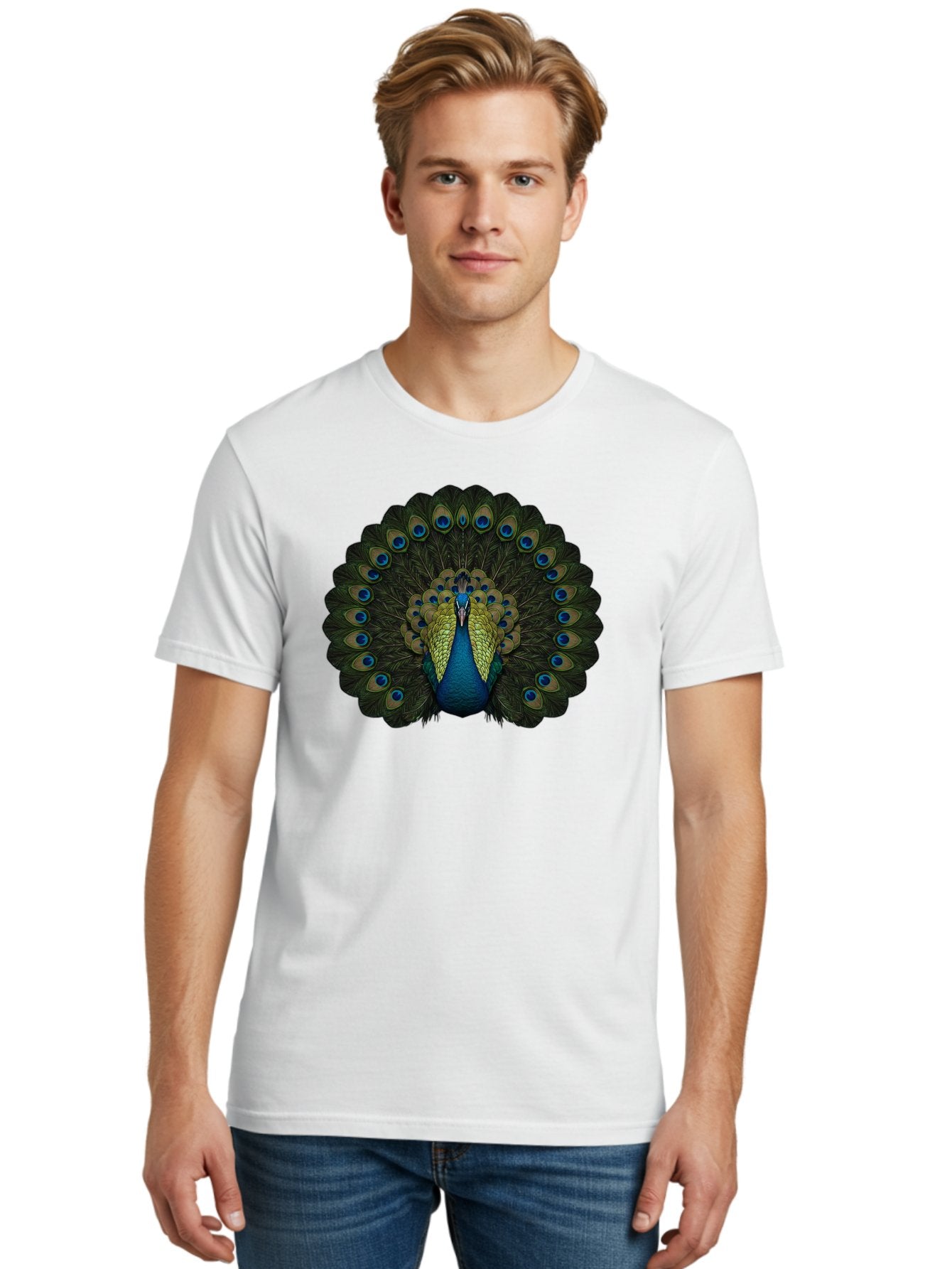 Peacock-15 Men'S Graphic Tee, 100% Cotton, Comfortable Casual Summer Wear, Machine Washable, Blue Peacock, Vibrant Plumage, Eye-Catching Display, Majestic Feathers, Regal Bird, Stunning Colors, Intricate Patterns, Blue And Gold Hues, Bab076 26