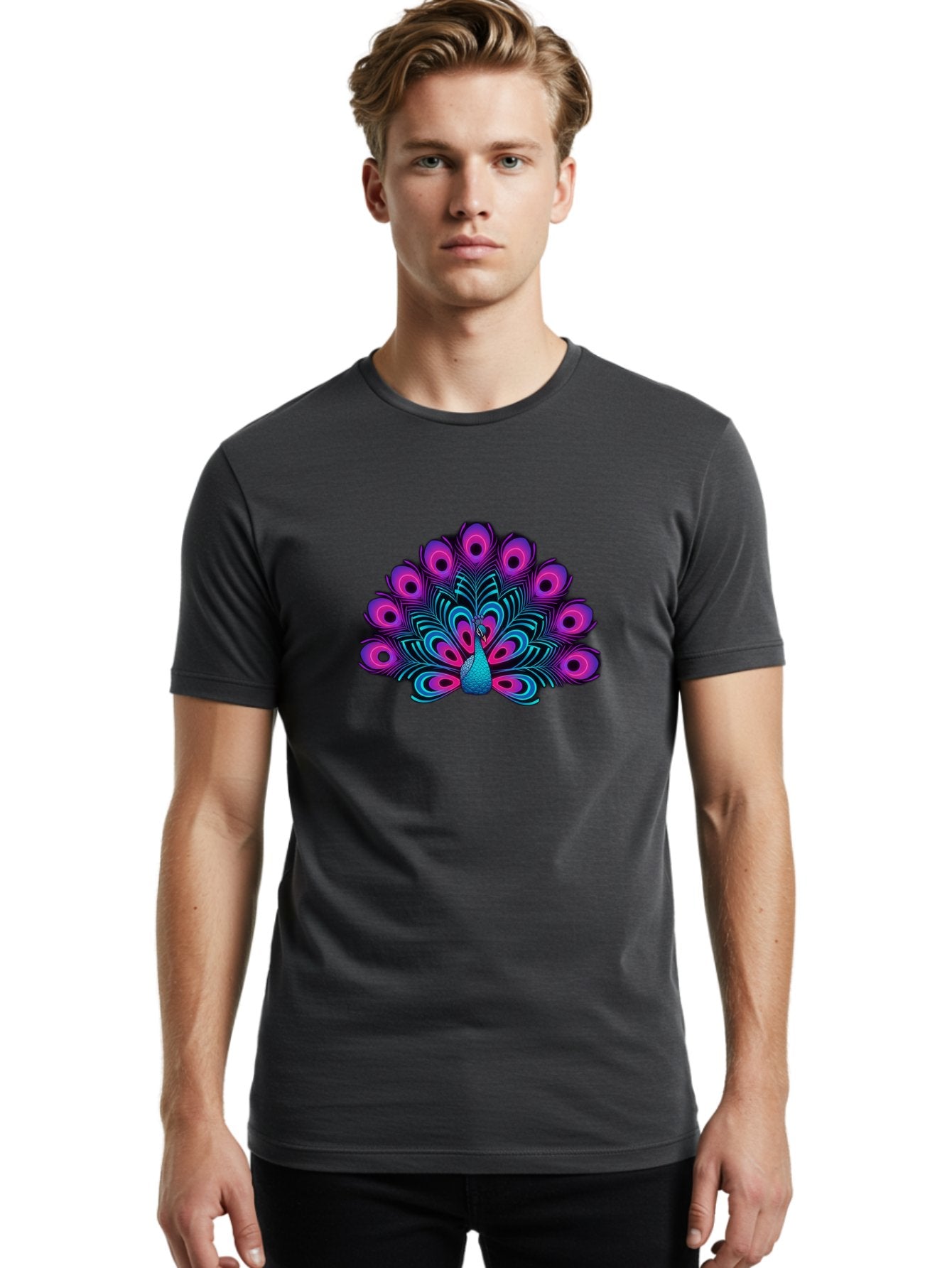Peacock-16 Men'S Graphic Tee, 100% Cotton, Comfortable Casual Summer Wear, Machine Washable, Peacock Displaying Feathers, Vibrant Plumage, Blue And Purple Hues, Eye-Catching Pattern, Majestic Bird, Colorful Illustration, Intricate Design, Bab077 24