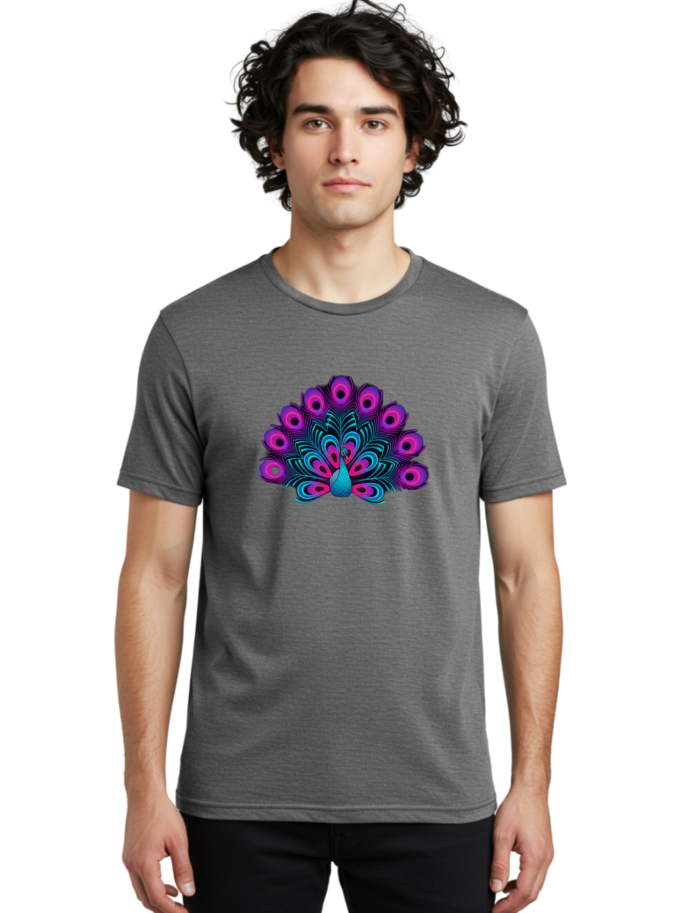 Peacock-16 Men'S Graphic Tee, 100% Cotton, Comfortable Casual Summer Wear, Machine Washable, Peacock Displaying Feathers, Vibrant Plumage, Blue And Purple Hues, Eye-Catching Pattern, Majestic Bird, Colorful Illustration, Intricate Design, Bab077