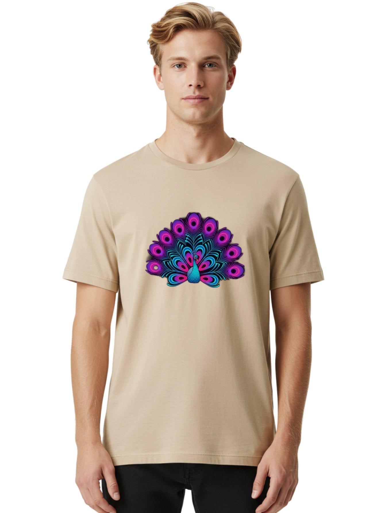 Peacock-16 Men'S Graphic Tee, 100% Cotton, Comfortable Casual Summer Wear, Machine Washable, Peacock Displaying Feathers, Vibrant Plumage, Blue And Purple Hues, Eye-Catching Pattern, Majestic Bird, Colorful Illustration, Intricate Design, Bab077 17