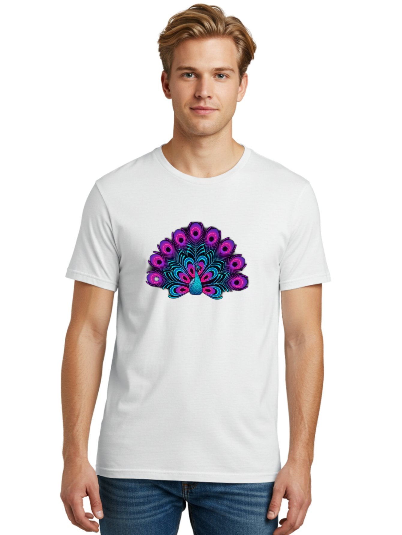 Peacock-16 Men'S Graphic Tee, 100% Cotton, Comfortable Casual Summer Wear, Machine Washable, Peacock Displaying Feathers, Vibrant Plumage, Blue And Purple Hues, Eye-Catching Pattern, Majestic Bird, Colorful Illustration, Intricate Design, Bab077 22