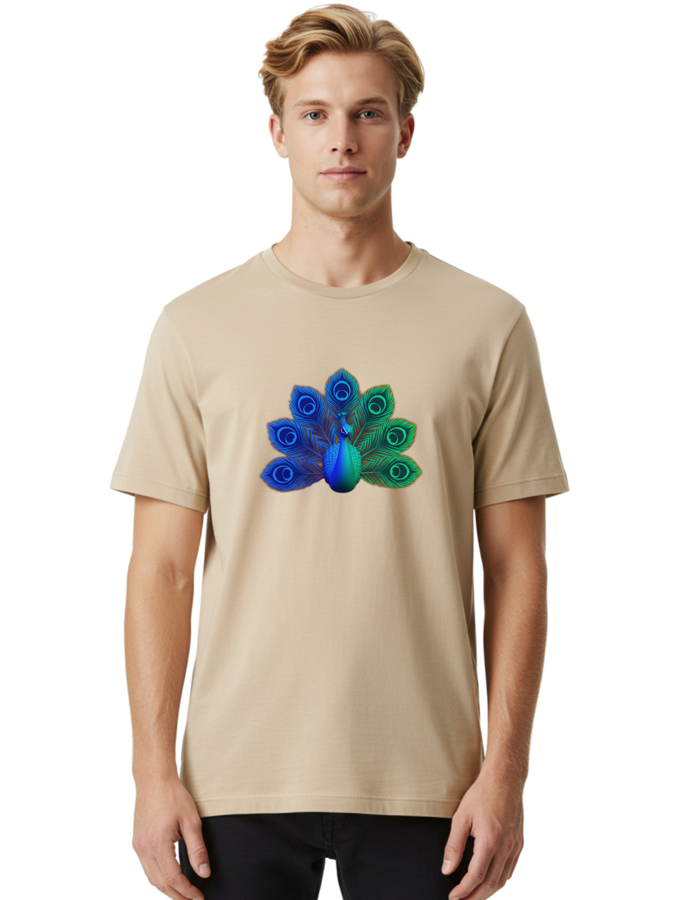 Peacock-18 Men'S Graphic Tee, 100% Cotton, Comfortable Casual Summer Wear, Machine Washable, Peacock Display, Vibrant Feathers, Blue Plumage, Colorful Bird, Majestic Creature, Iridescent Colors, Eye Spots, Feathered Beauty Bab079