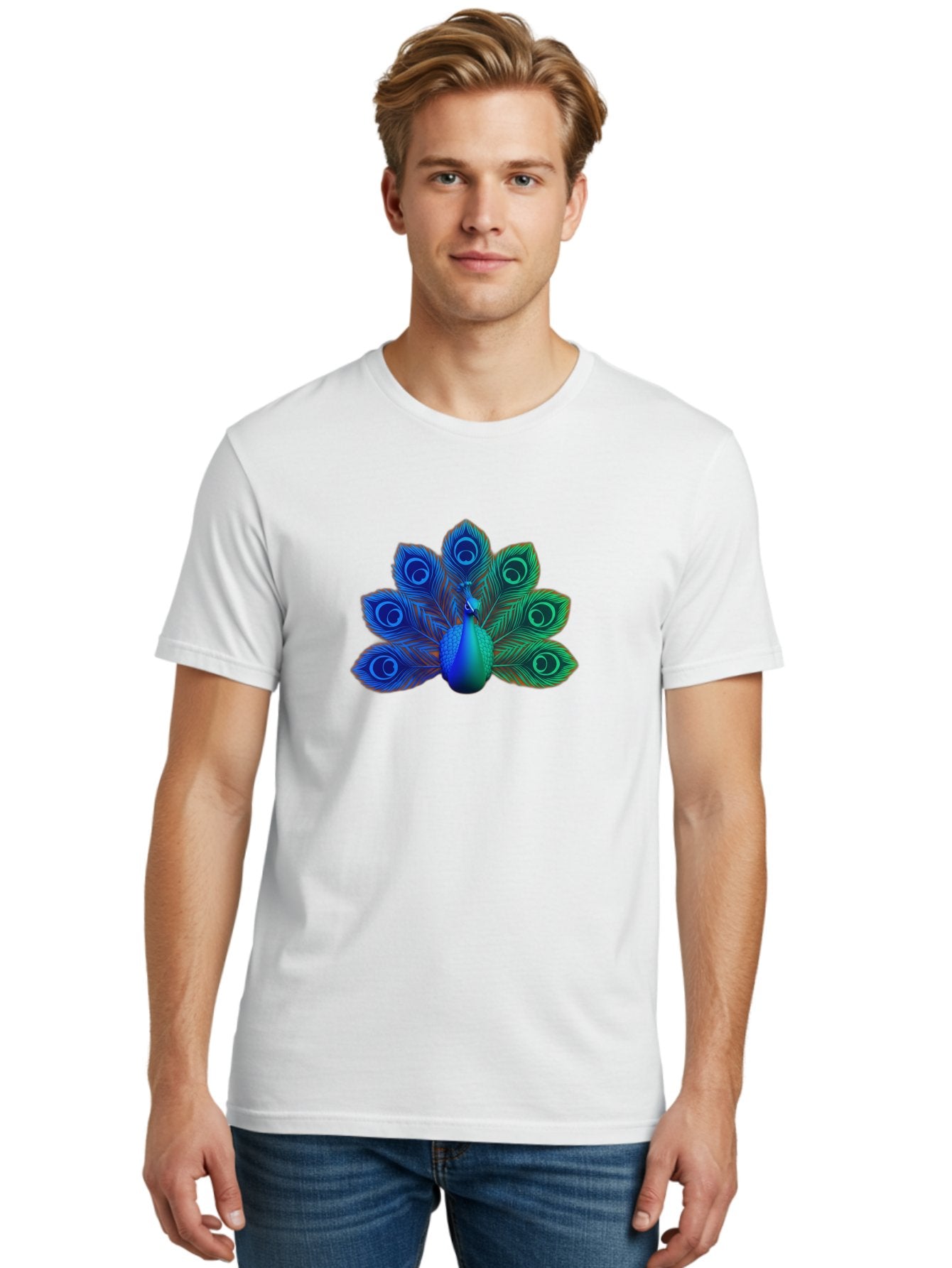 Peacock-18 Men'S Graphic Tee, 100% Cotton, Comfortable Casual Summer Wear, Machine Washable, Peacock Display, Vibrant Feathers, Blue Plumage, Colorful Bird, Majestic Creature, Iridescent Colors, Eye Spots, Feathered Beauty Bab079 28