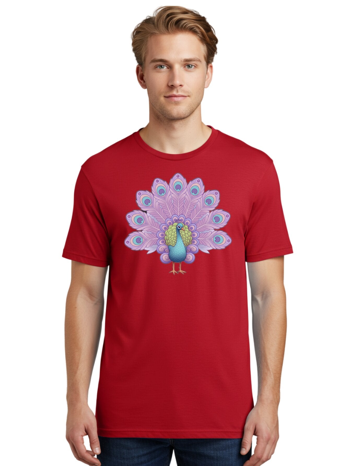 Peacock-2 Men'S Graphic Tee, 100% Cotton, Comfortable Casual Summer Wear, Machine Washable, Peacock Bird, Vibrant Plumage, Colorful Feathers, Blue And Purple Hues, Ornate Tail, Majestic Display, Eye-Catching Patterns, Luxurious Bird, Bab081 20