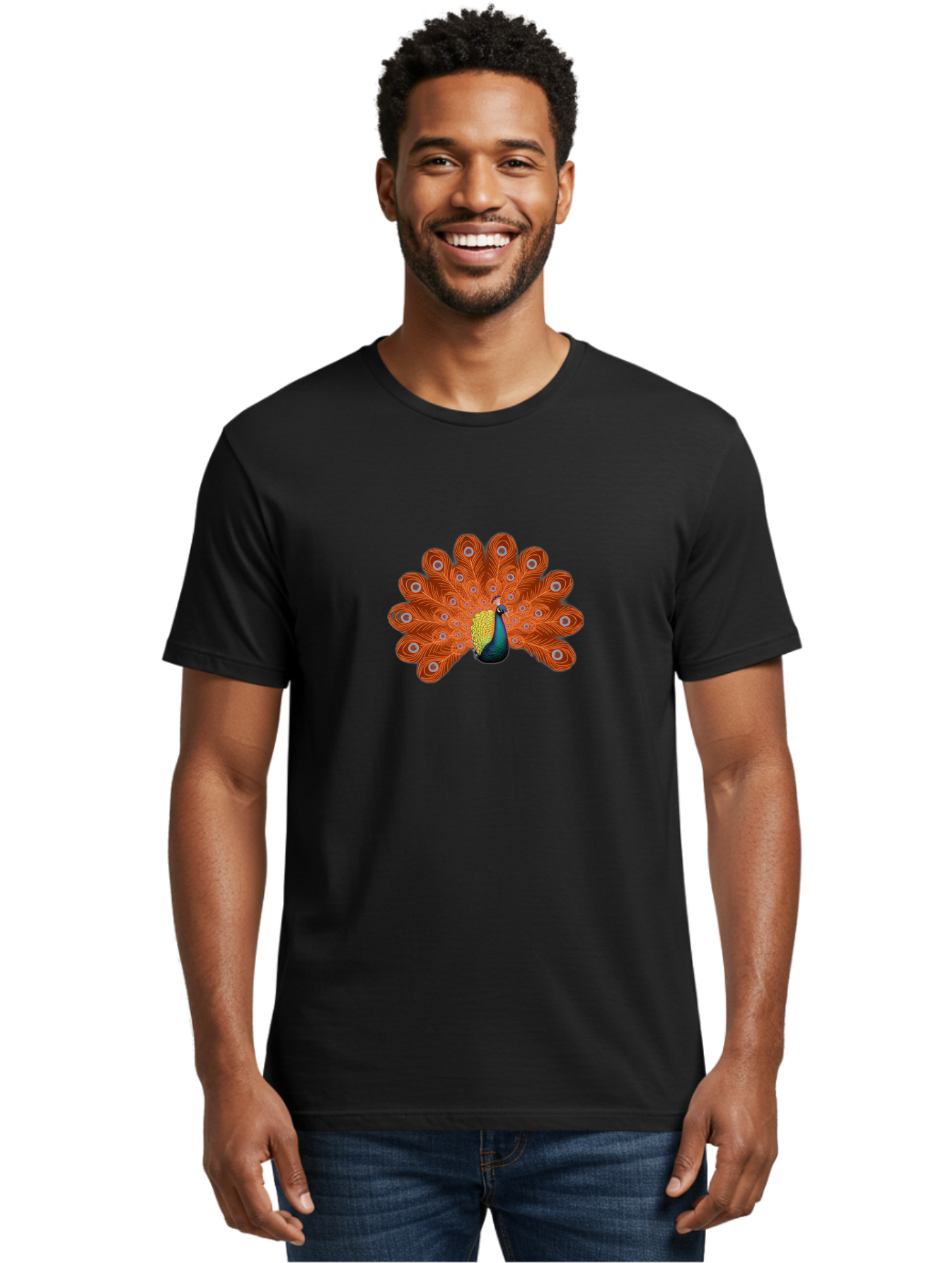 Peacock-20 Men'S Graphic Tee, 100% Cotton, Comfortable Casual Summer Wear, Machine Washable, Vibrant Peacock, Colorful Plumage, Orange Feathers, Blue And Yellow Body, Majestic Bird, Eye-Catching Display, Natural Beauty, Wildlife, Exotic Bird Bab082 24