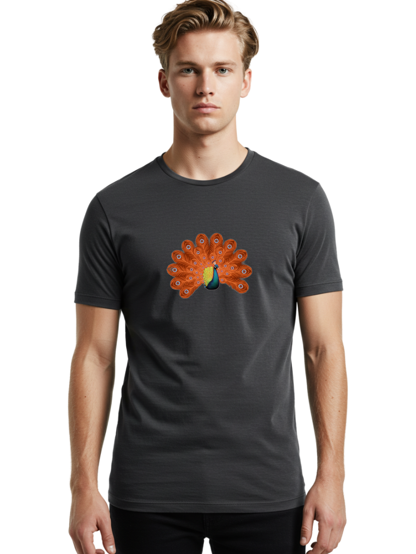 Peacock-20 Men'S Graphic Tee, 100% Cotton, Comfortable Casual Summer Wear, Machine Washable, Vibrant Peacock, Colorful Plumage, Orange Feathers, Blue And Yellow Body, Majestic Bird, Eye-Catching Display, Natural Beauty, Wildlife, Exotic Bird Bab082 4