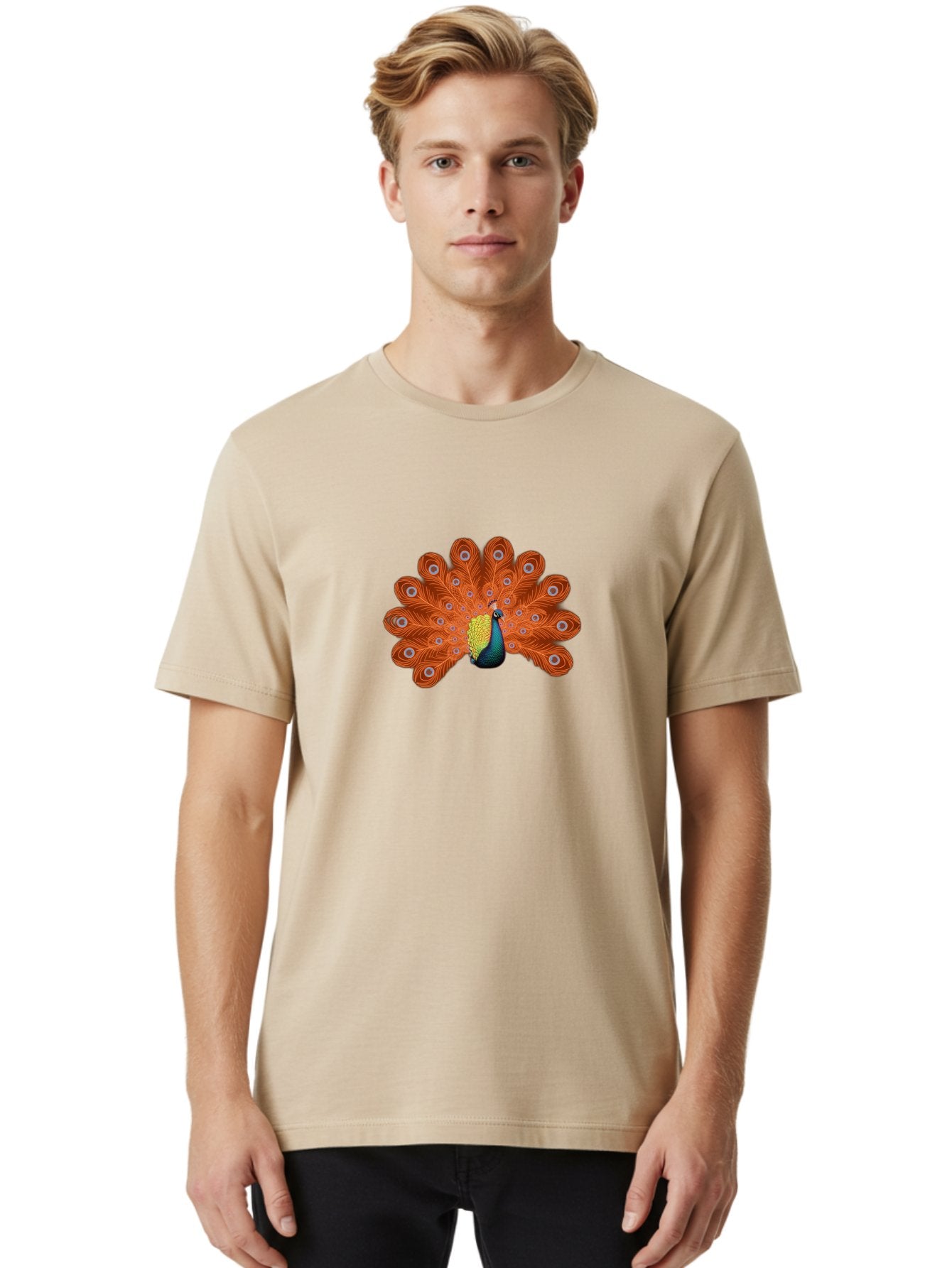 Peacock-20 Men'S Graphic Tee, 100% Cotton, Comfortable Casual Summer Wear, Machine Washable, Vibrant Peacock, Colorful Plumage, Orange Feathers, Blue And Yellow Body, Majestic Bird, Eye-Catching Display, Natural Beauty, Wildlife, Exotic Bird Bab082 17