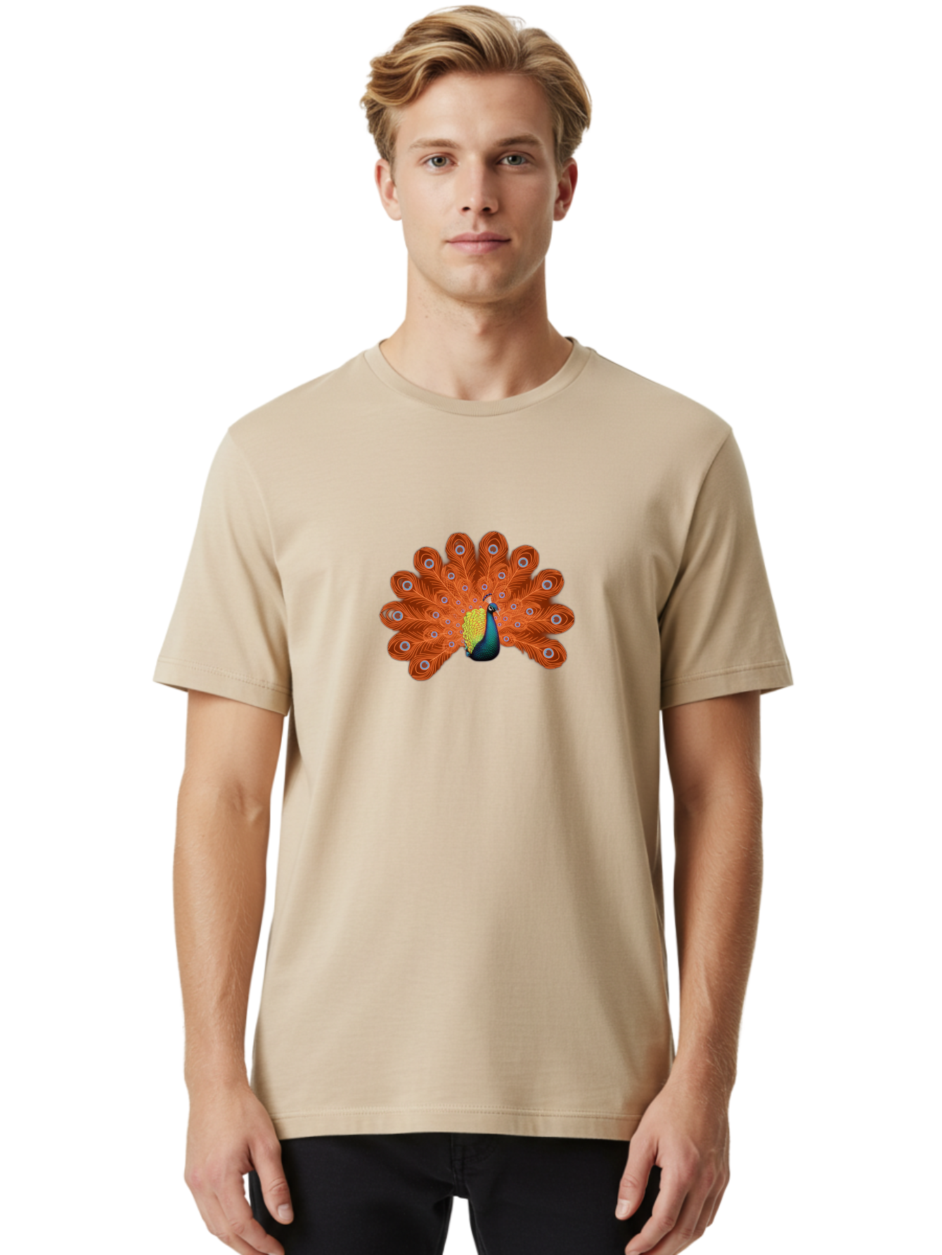 Peacock-20 Men'S Graphic Tee, 100% Cotton, Comfortable Casual Summer Wear, Machine Washable, Vibrant Peacock, Colorful Plumage, Orange Feathers, Blue And Yellow Body, Majestic Bird, Eye-Catching Display, Natural Beauty, Wildlife, Exotic Bird Bab082 28