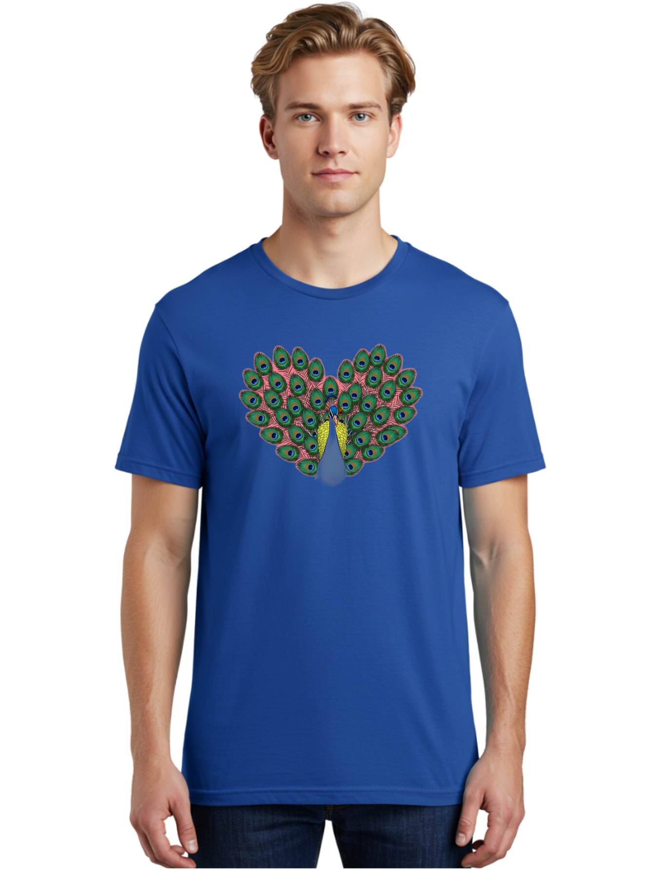 Peacock-22 Men'S Graphic Tee, 100% Cotton, Comfortable Casual Summer Wear, Machine Washable, Peacock Spreading Tail, Colorful Plumage, Vibrant Feathers, Blue Eyespots, Green And Pink Hues, Majestic Bird, Proud Display, Iridescent Colors, Bab084 16