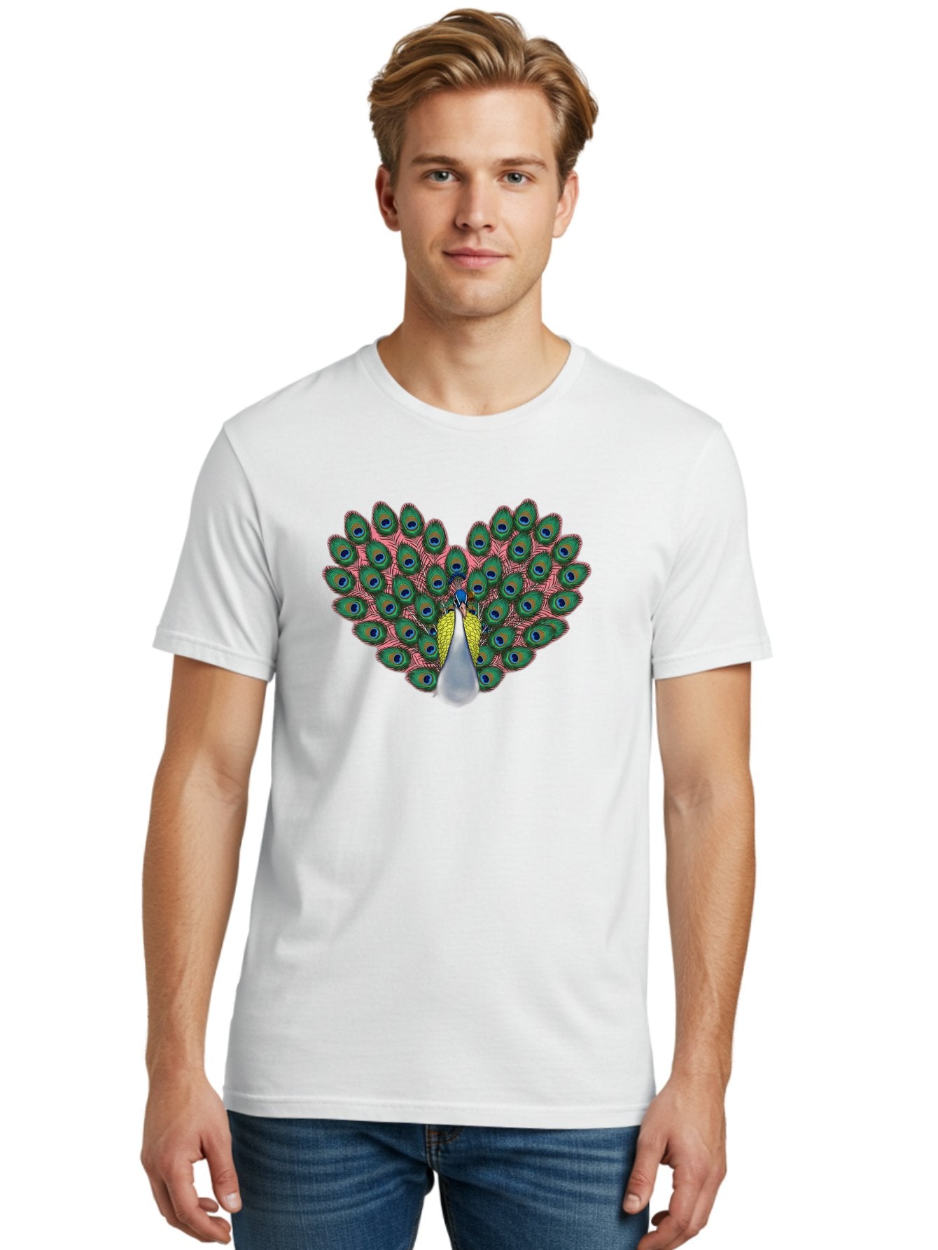 Peacock-22 Men'S Graphic Tee, 100% Cotton, Comfortable Casual Summer Wear, Machine Washable, Peacock Spreading Tail, Colorful Plumage, Vibrant Feathers, Blue Eyespots, Green And Pink Hues, Majestic Bird, Proud Display, Iridescent Colors, Bab084 18