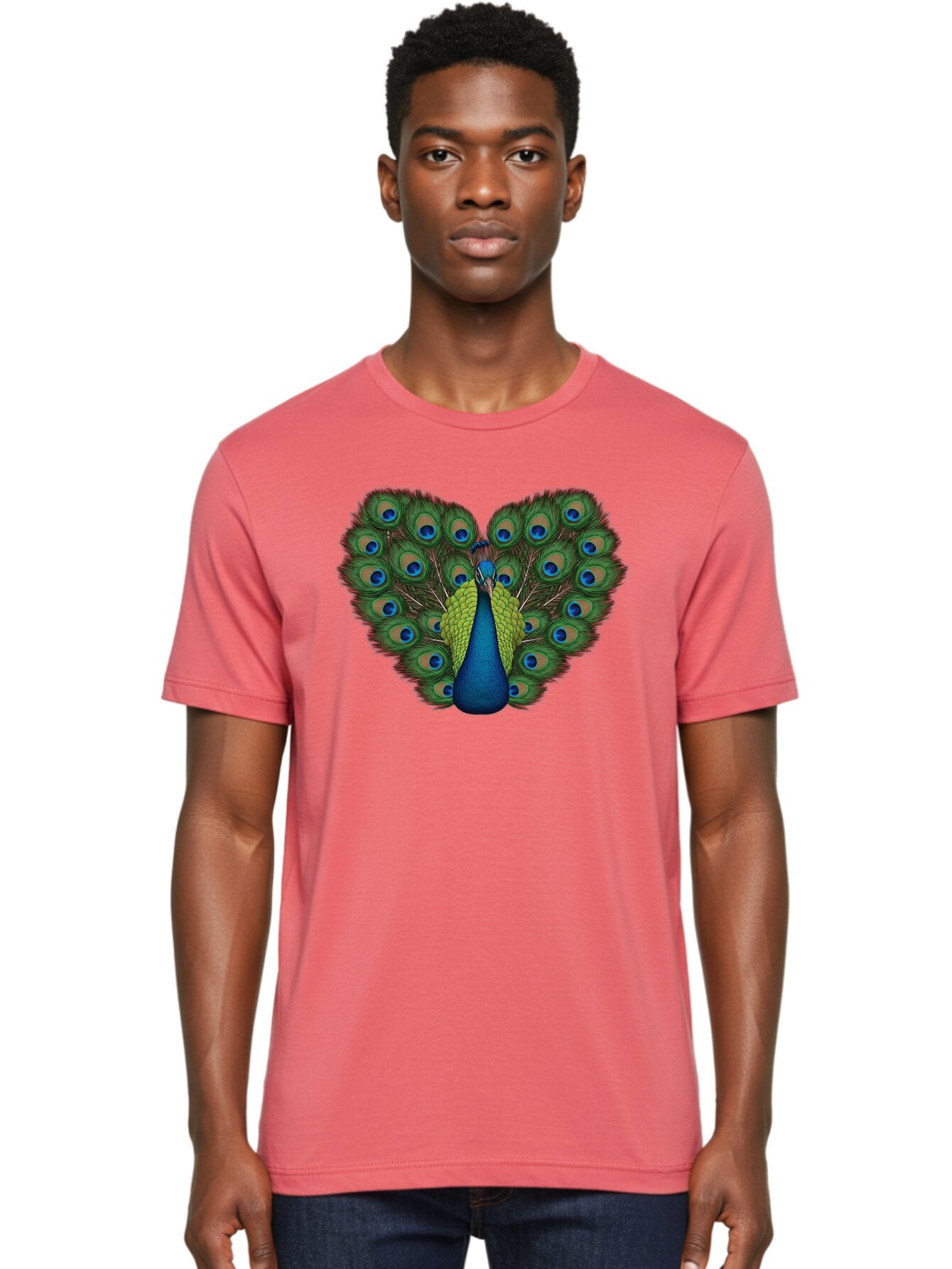 Peacock-23 Men'S Graphic Tee, 100% Cotton, Comfortable Casual Summer Wear, Machine Washable, Peacock, Spread Tail Feathers, Blue Eyespots, Colorful Plumage, Vibrant Blues And Greens, Exotic Bird, Majestic Display, Ornate Feathers Bab085 26