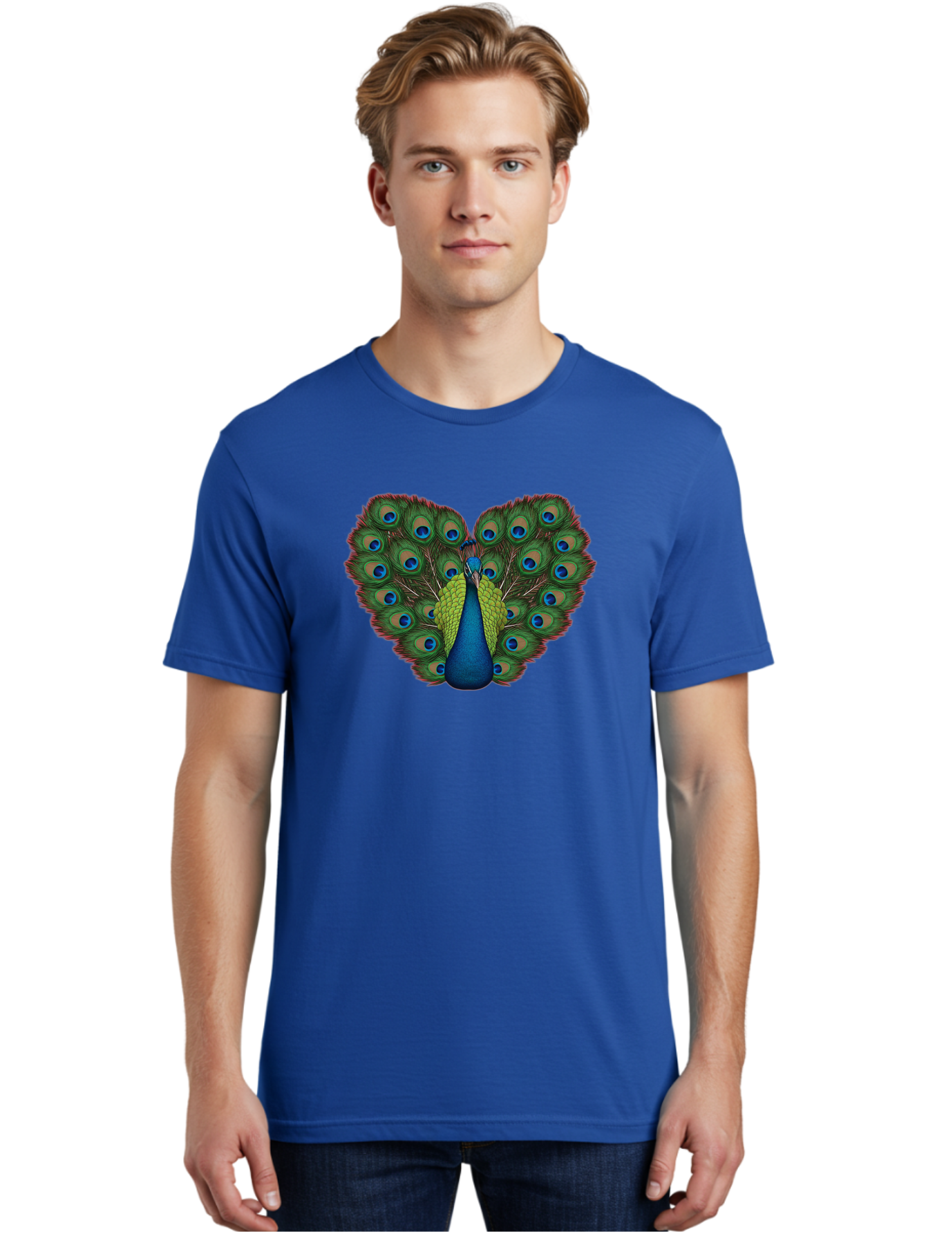 Peacock-23 Men'S Graphic Tee, 100% Cotton, Comfortable Casual Summer Wear, Machine Washable, Peacock, Spread Tail Feathers, Blue Eyespots, Colorful Plumage, Vibrant Blues And Greens, Exotic Bird, Majestic Display, Ornate Feathers Bab085 30