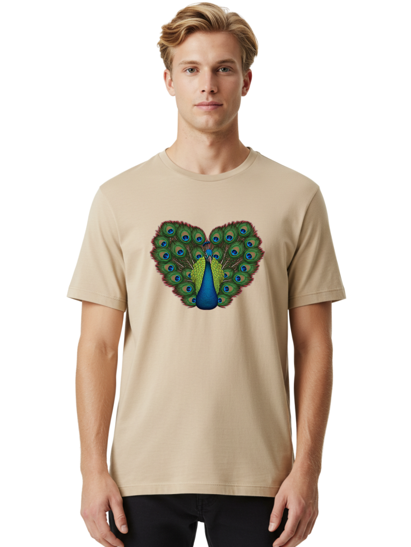 Peacock-23 Men'S Graphic Tee, 100% Cotton, Comfortable Casual Summer Wear, Machine Washable, Peacock, Spread Tail Feathers, Blue Eyespots, Colorful Plumage, Vibrant Blues And Greens, Exotic Bird, Majestic Display, Ornate Feathers Bab085 14