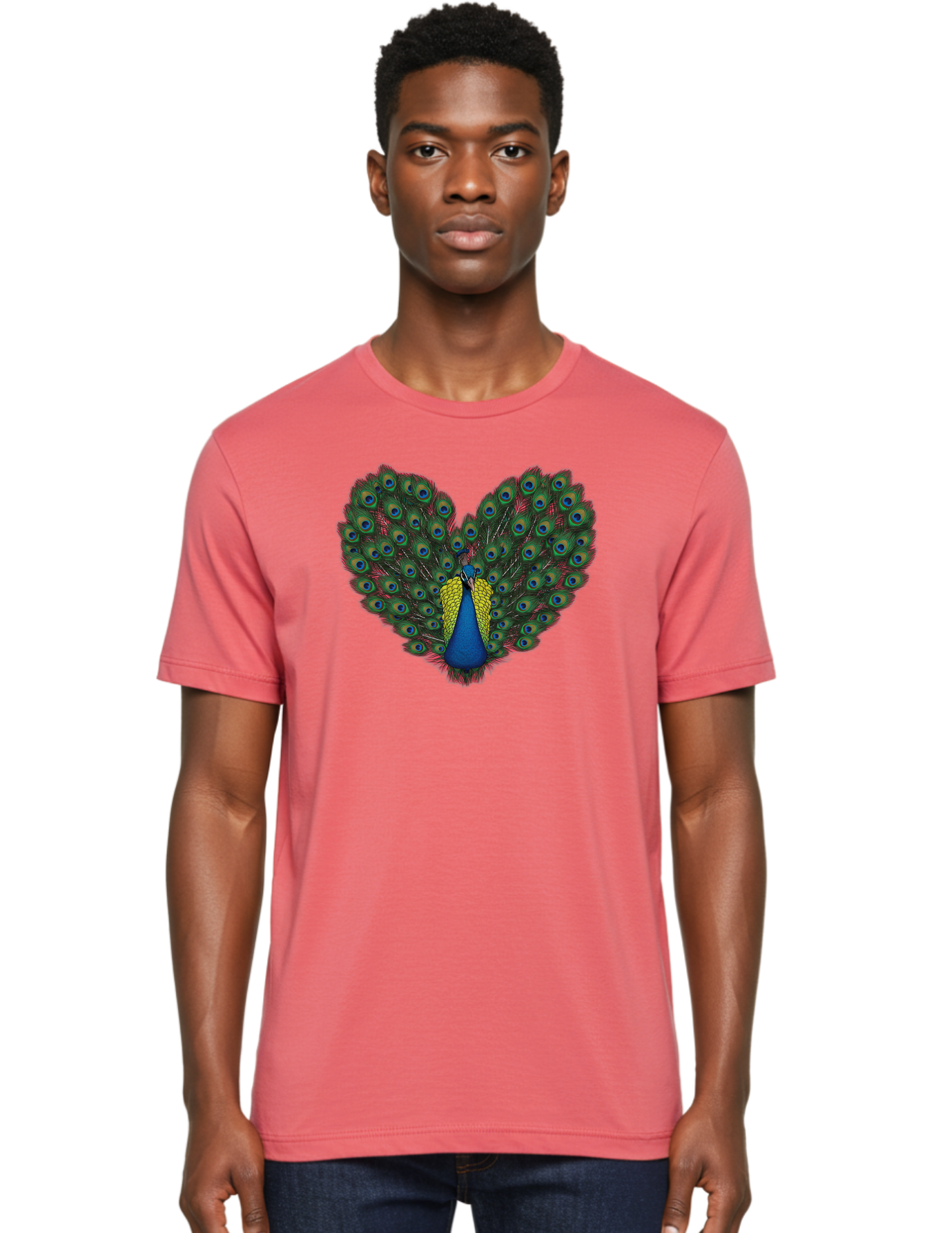 Peacock-25 Men'S Graphic Tee, 100% Cotton, Comfortable Casual Summer Wear, Machine Washable, Peacock With Spread Tail, Heart Shape, Blue And Green Feathers, Eye Spots, Vibrant Plumage, Colorful Bird, Majestic Display, Exotic Bird, Bab087 16