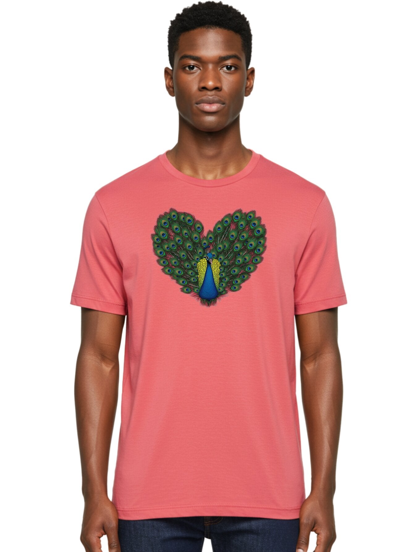 Peacock-25 Men'S Graphic Tee, 100% Cotton, Comfortable Casual Summer Wear, Machine Washable, Peacock With Spread Tail, Heart Shape, Blue And Green Feathers, Eye Spots, Vibrant Plumage, Colorful Bird, Majestic Display, Exotic Bird, Bab087 23
