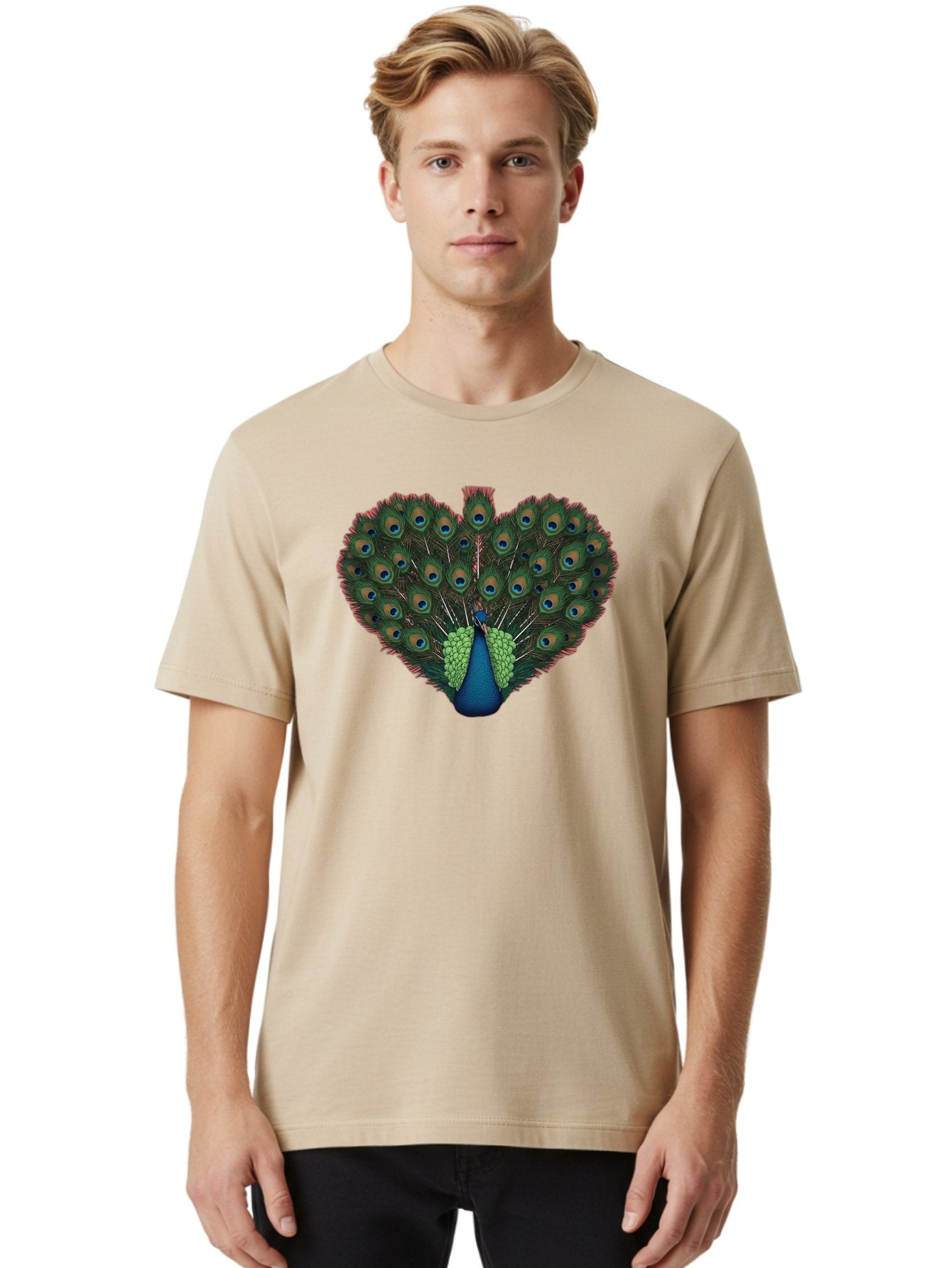 Peacock-26 Men'S Graphic Tee, 100% Cotton, Comfortable Casual Summer Wear, Machine Washable, Peacock Feather Display, Vibrant Plumage, Blue And Green Hues, Eye-Catching Pattern, Majestic Bird, Ornate Tail Feathers, Colorful Bird, Exotic Beauty Bab088 26