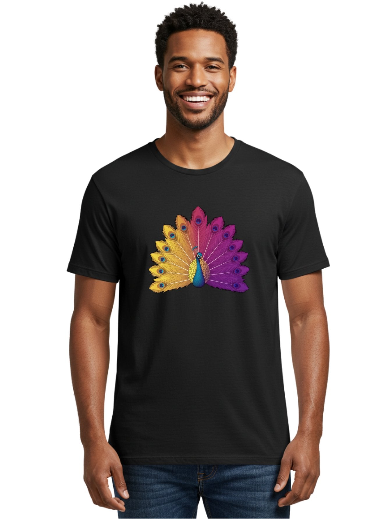 Peacock-28 Men'S Graphic Tee, 100% Cotton, Comfortable Casual Summer Wear, Machine Washable, Vibrant Peacock, Colorful Plumage, Blue Eyespots, Majestic Bird, Spread Feathers, Orange, Purple, And Yellow Hues, Exotic Beauty, Ornate Display, Bab090 27