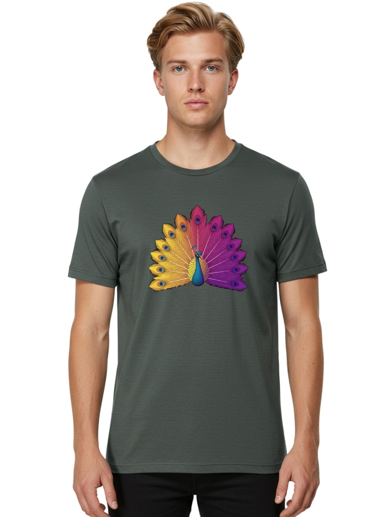 Peacock-28 Men'S Graphic Tee, 100% Cotton, Comfortable Casual Summer Wear, Machine Washable, Vibrant Peacock, Colorful Plumage, Blue Eyespots, Majestic Bird, Spread Feathers, Orange, Purple, And Yellow Hues, Exotic Beauty, Ornate Display, Bab090 16