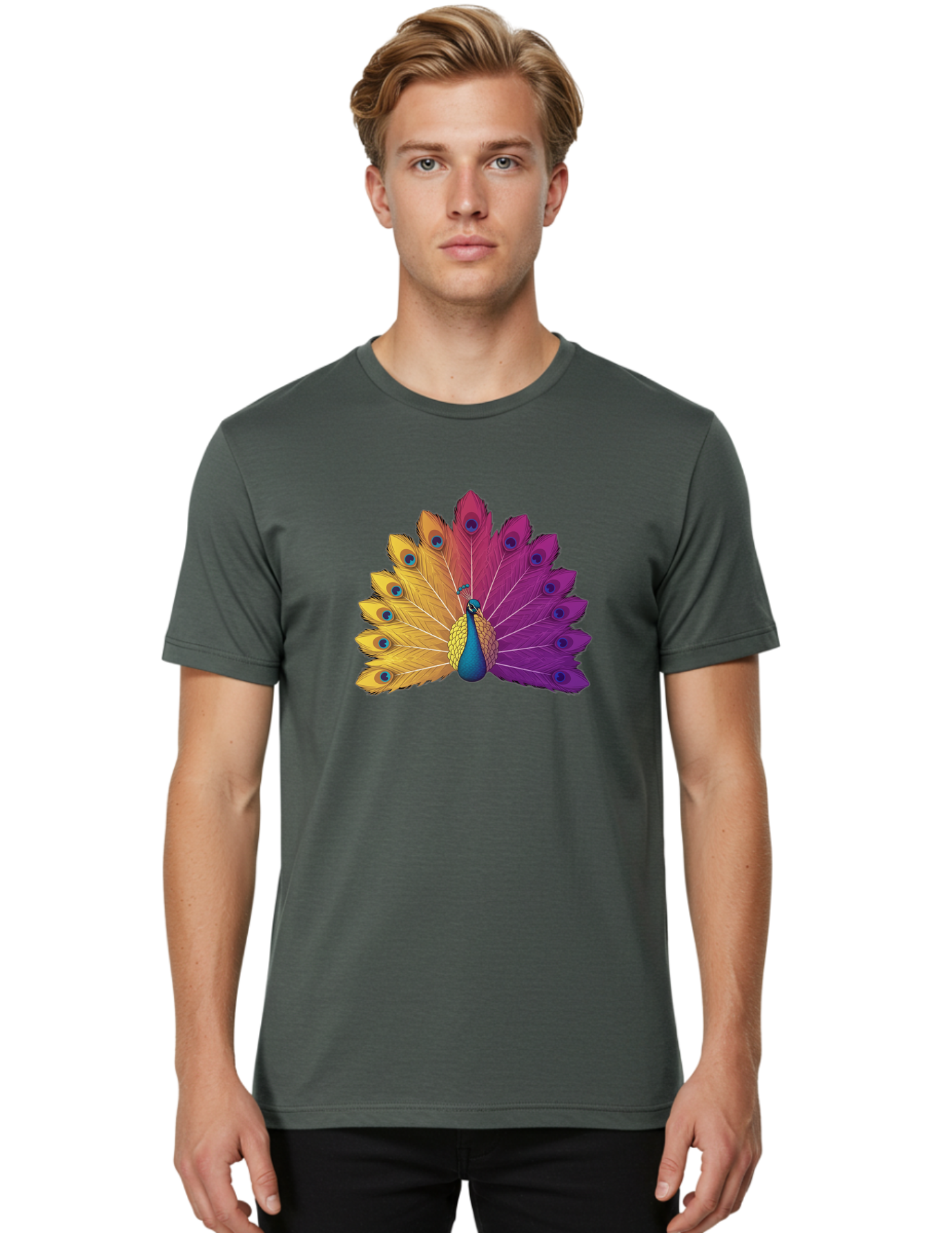 Peacock-28 Men'S Graphic Tee, 100% Cotton, Comfortable Casual Summer Wear, Machine Washable, Vibrant Peacock, Colorful Plumage, Blue Eyespots, Majestic Bird, Spread Feathers, Orange, Purple, And Yellow Hues, Exotic Beauty, Ornate Display, Bab090 26