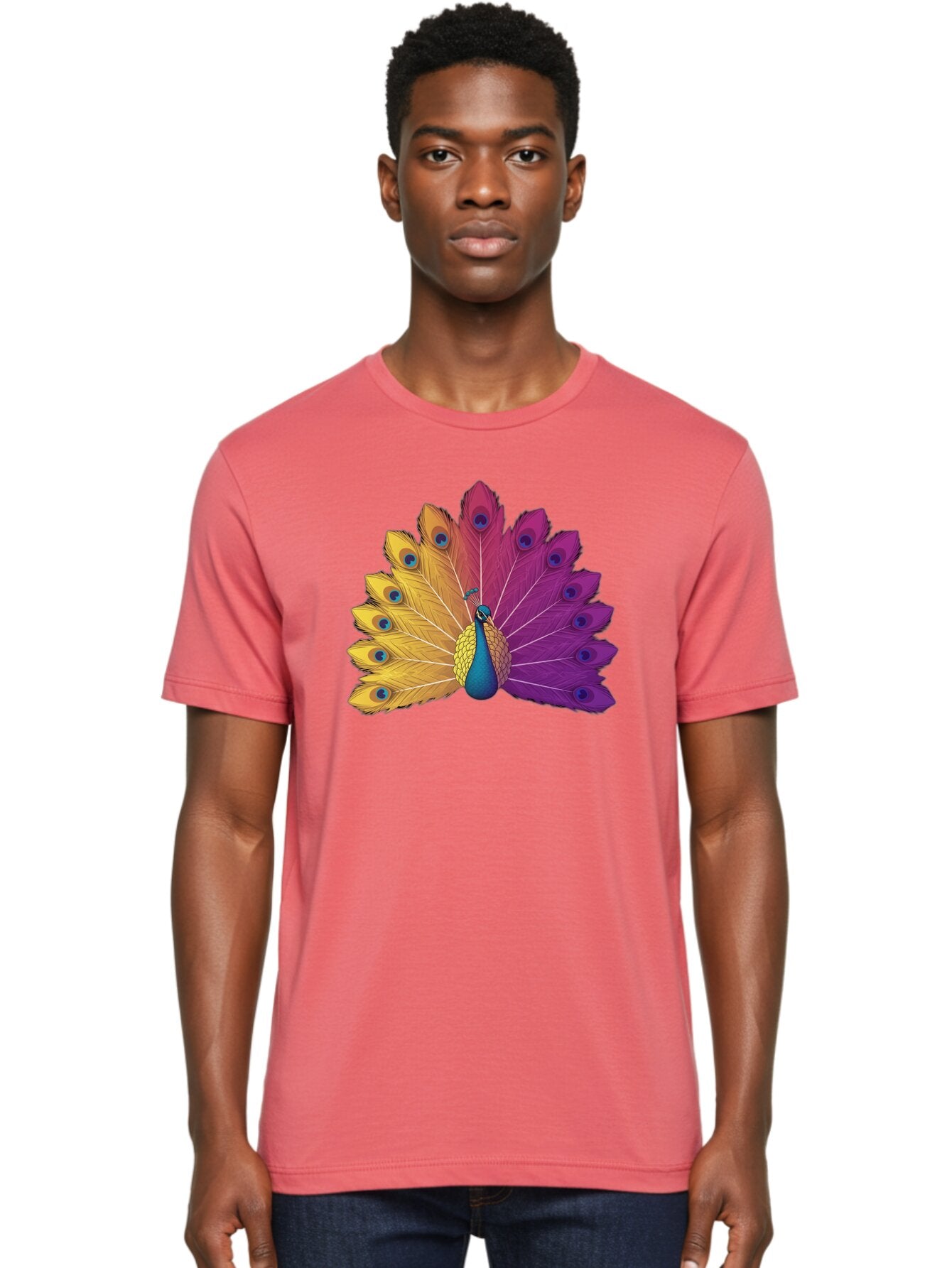 Peacock-28 Men'S Graphic Tee, 100% Cotton, Comfortable Casual Summer Wear, Machine Washable, Vibrant Peacock, Colorful Plumage, Blue Eyespots, Majestic Bird, Spread Feathers, Orange, Purple, And Yellow Hues, Exotic Beauty, Ornate Display, Bab090 19