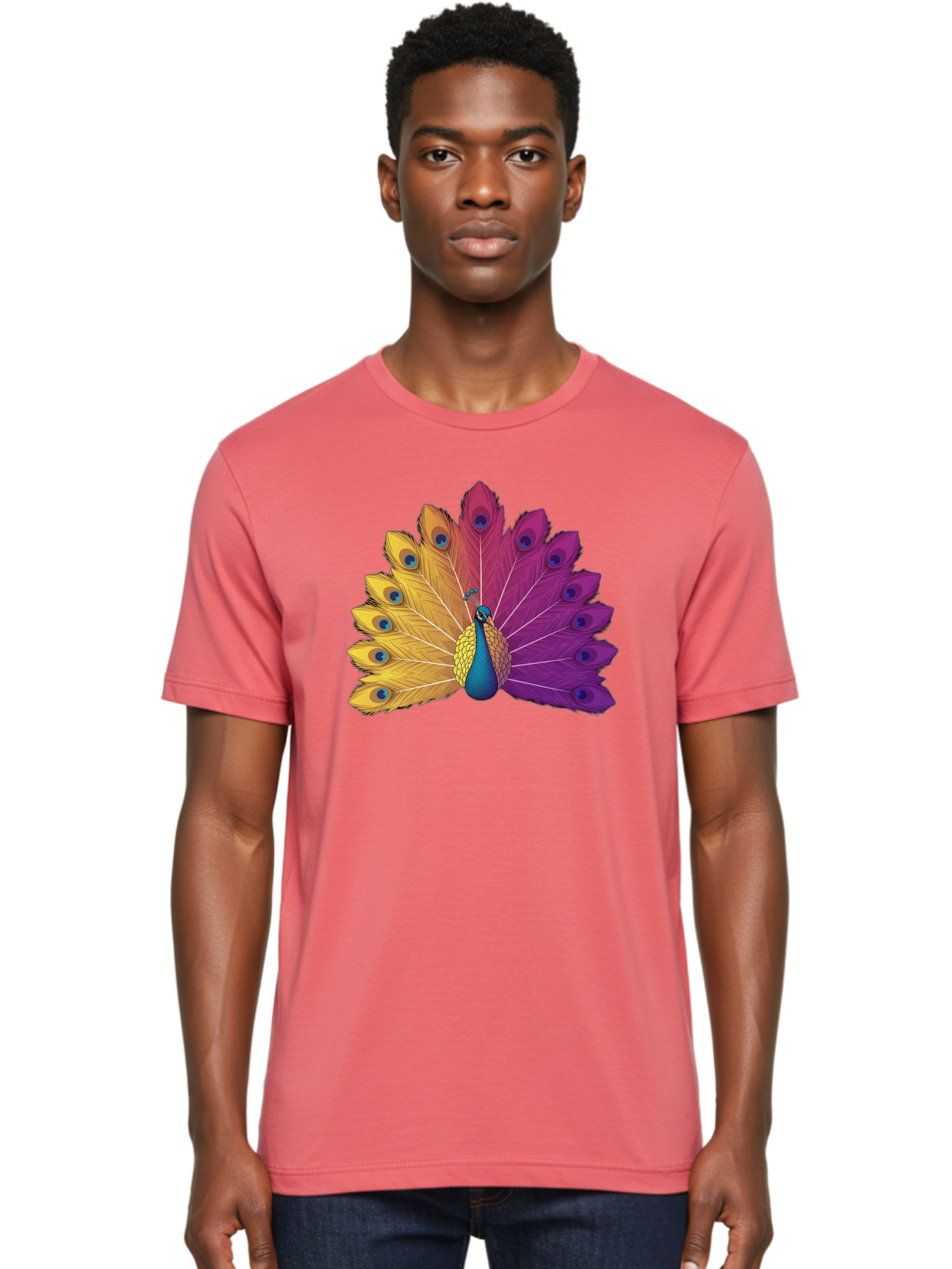 Peacock-28 Men'S Graphic Tee, 100% Cotton, Comfortable Casual Summer Wear, Machine Washable, Vibrant Peacock, Colorful Plumage, Blue Eyespots, Majestic Bird, Spread Feathers, Orange, Purple, And Yellow Hues, Exotic Beauty, Ornate Display, Bab090 22