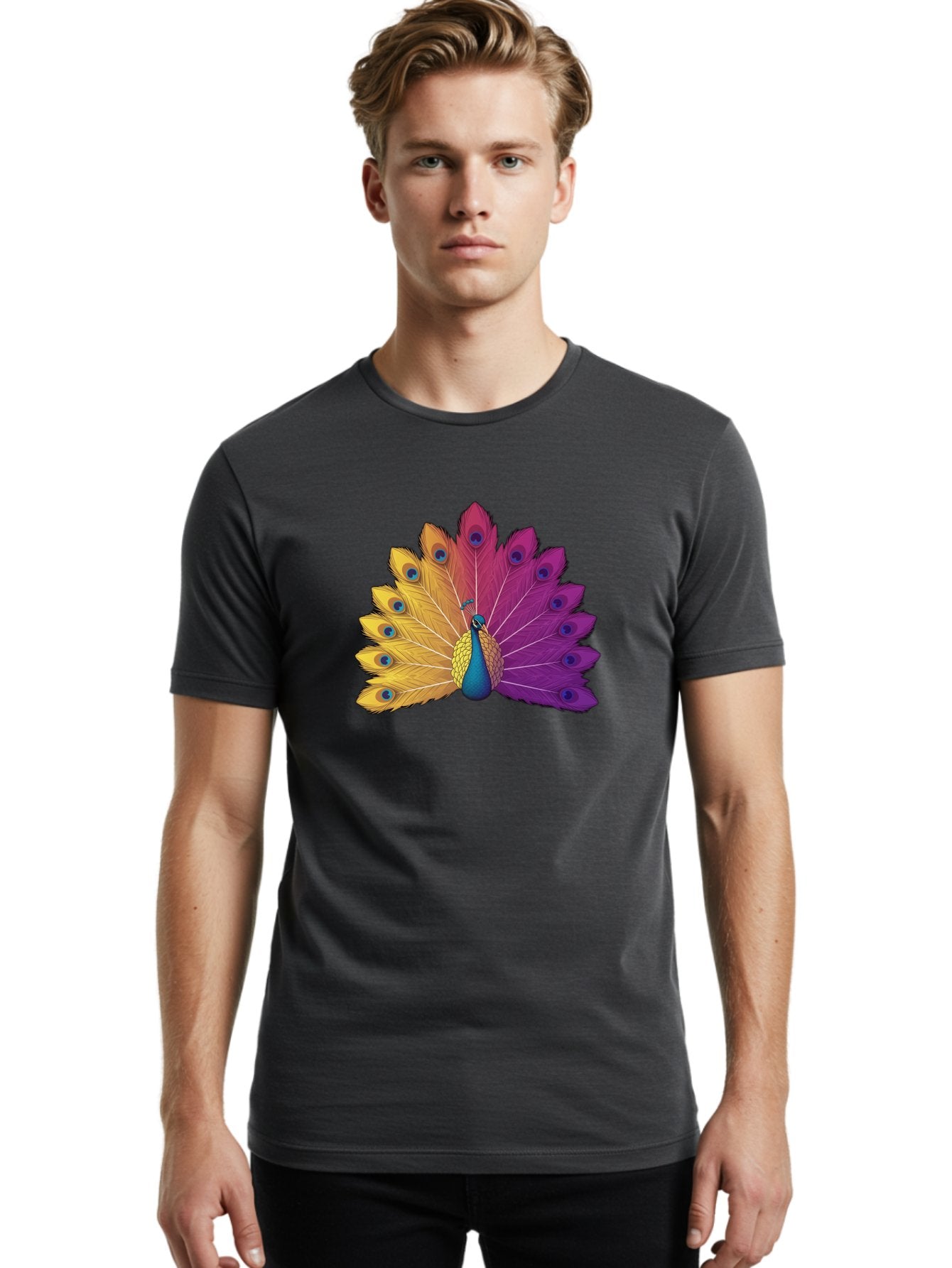 Peacock-28 Men'S Graphic Tee, 100% Cotton, Comfortable Casual Summer Wear, Machine Washable, Vibrant Peacock, Colorful Plumage, Blue Eyespots, Majestic Bird, Spread Feathers, Orange, Purple, And Yellow Hues, Exotic Beauty, Ornate Display, Bab090 21