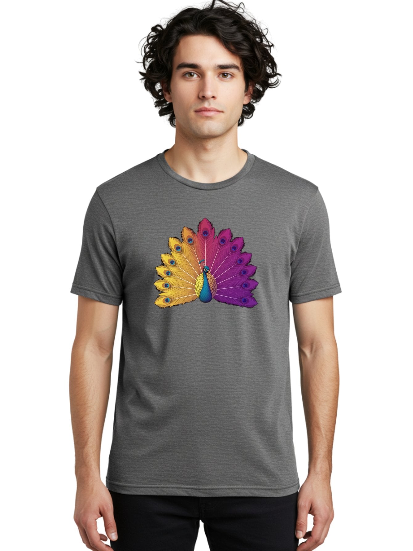 Peacock-28 Men'S Graphic Tee, 100% Cotton, Comfortable Casual Summer Wear, Machine Washable, Vibrant Peacock, Colorful Plumage, Blue Eyespots, Majestic Bird, Spread Feathers, Orange, Purple, And Yellow Hues, Exotic Beauty, Ornate Display, Bab090 29