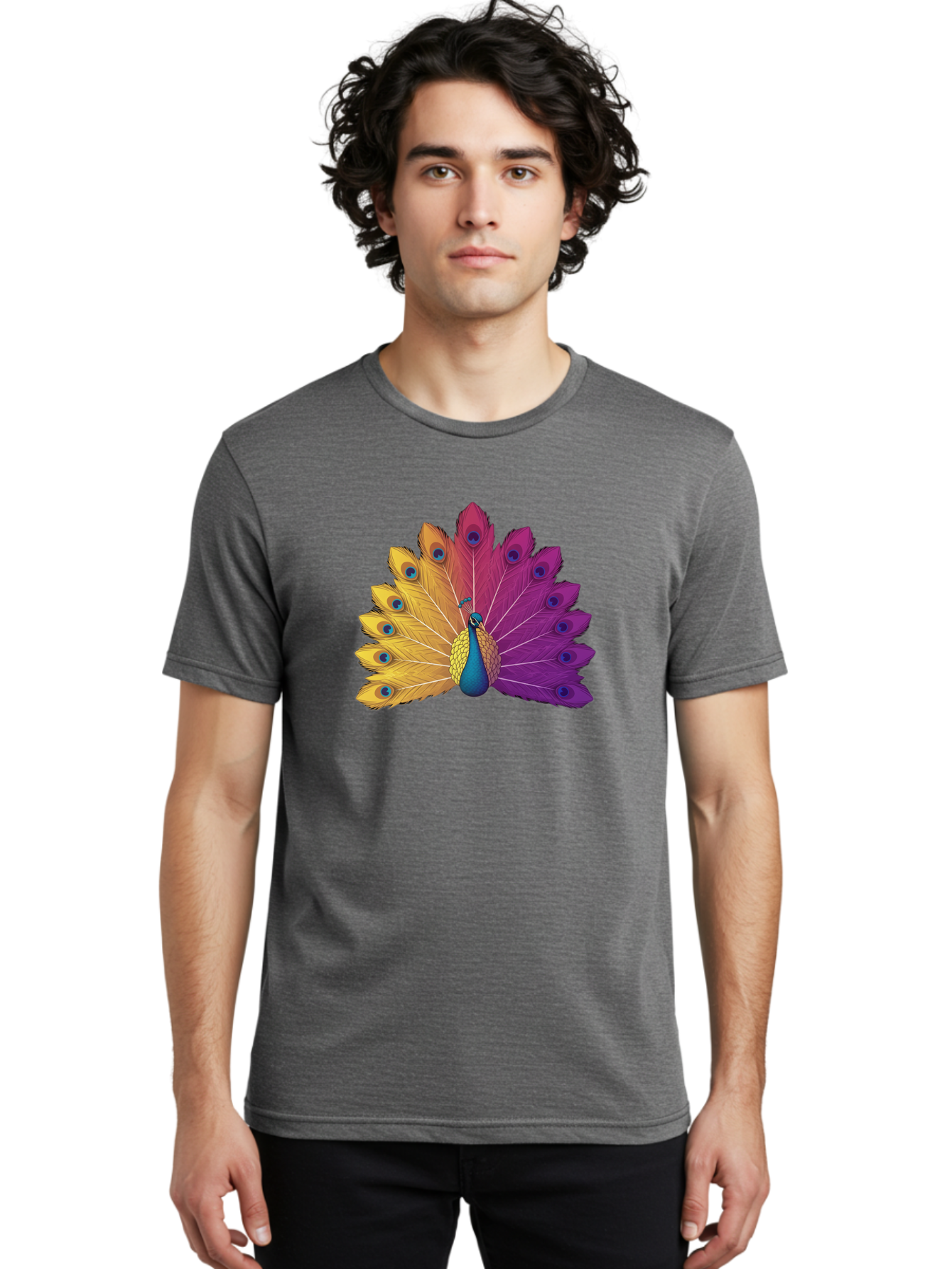 Peacock-28 Men'S Graphic Tee, 100% Cotton, Comfortable Casual Summer Wear, Machine Washable, Vibrant Peacock, Colorful Plumage, Blue Eyespots, Majestic Bird, Spread Feathers, Orange, Purple, And Yellow Hues, Exotic Beauty, Ornate Display, Bab090 4