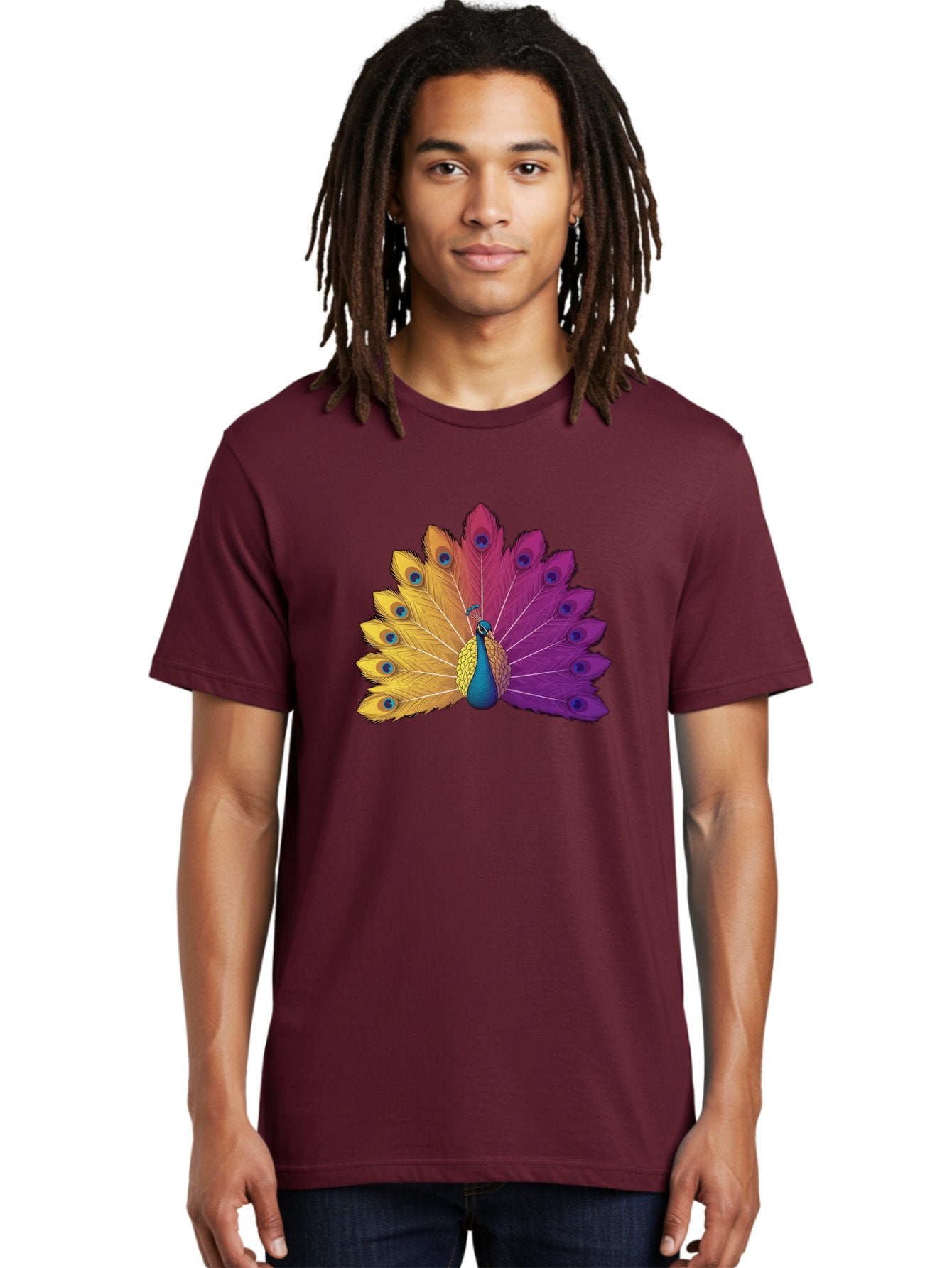 Peacock-28 Men'S Graphic Tee, 100% Cotton, Comfortable Casual Summer Wear, Machine Washable, Vibrant Peacock, Colorful Plumage, Blue Eyespots, Majestic Bird, Spread Feathers, Orange, Purple, And Yellow Hues, Exotic Beauty, Ornate Display, Bab090 22