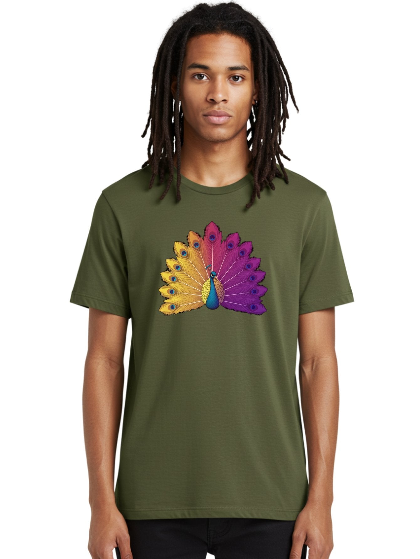 Peacock-28 Men'S Graphic Tee, 100% Cotton, Comfortable Casual Summer Wear, Machine Washable, Vibrant Peacock, Colorful Plumage, Blue Eyespots, Majestic Bird, Spread Feathers, Orange, Purple, And Yellow Hues, Exotic Beauty, Ornate Display, Bab090 25