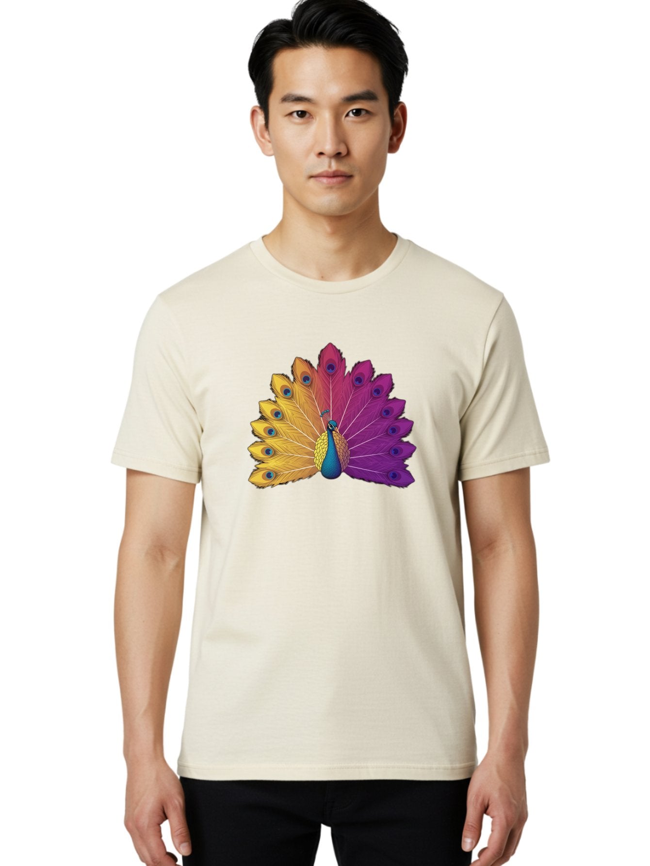 Peacock-28 Men'S Graphic Tee, 100% Cotton, Comfortable Casual Summer Wear, Machine Washable, Vibrant Peacock, Colorful Plumage, Blue Eyespots, Majestic Bird, Spread Feathers, Orange, Purple, And Yellow Hues, Exotic Beauty, Ornate Display, Bab090 30