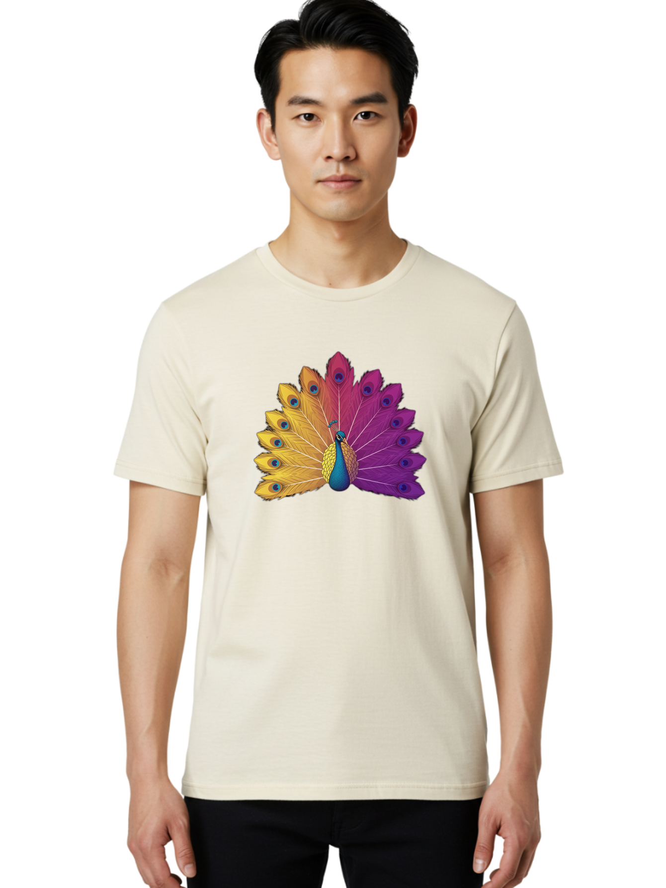 Peacock-28 Men'S Graphic Tee, 100% Cotton, Comfortable Casual Summer Wear, Machine Washable, Vibrant Peacock, Colorful Plumage, Blue Eyespots, Majestic Bird, Spread Feathers, Orange, Purple, And Yellow Hues, Exotic Beauty, Ornate Display, Bab090