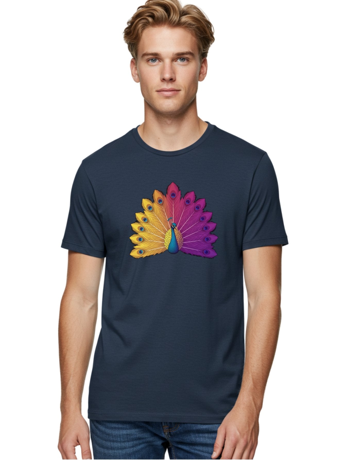 Peacock-28 Men'S Graphic Tee, 100% Cotton, Comfortable Casual Summer Wear, Machine Washable, Vibrant Peacock, Colorful Plumage, Blue Eyespots, Majestic Bird, Spread Feathers, Orange, Purple, And Yellow Hues, Exotic Beauty, Ornate Display, Bab090 18
