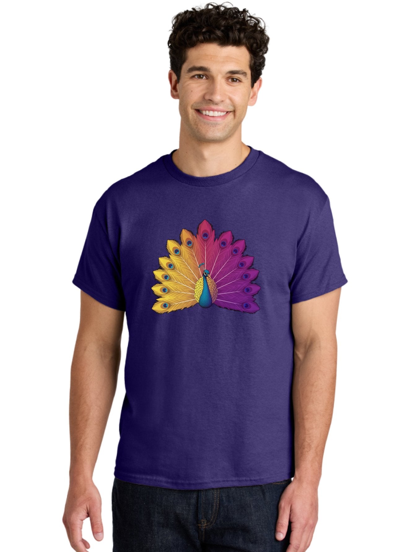 Peacock-28 Men'S Graphic Tee, 100% Cotton, Comfortable Casual Summer Wear, Machine Washable, Vibrant Peacock, Colorful Plumage, Blue Eyespots, Majestic Bird, Spread Feathers, Orange, Purple, And Yellow Hues, Exotic Beauty, Ornate Display, Bab090 26