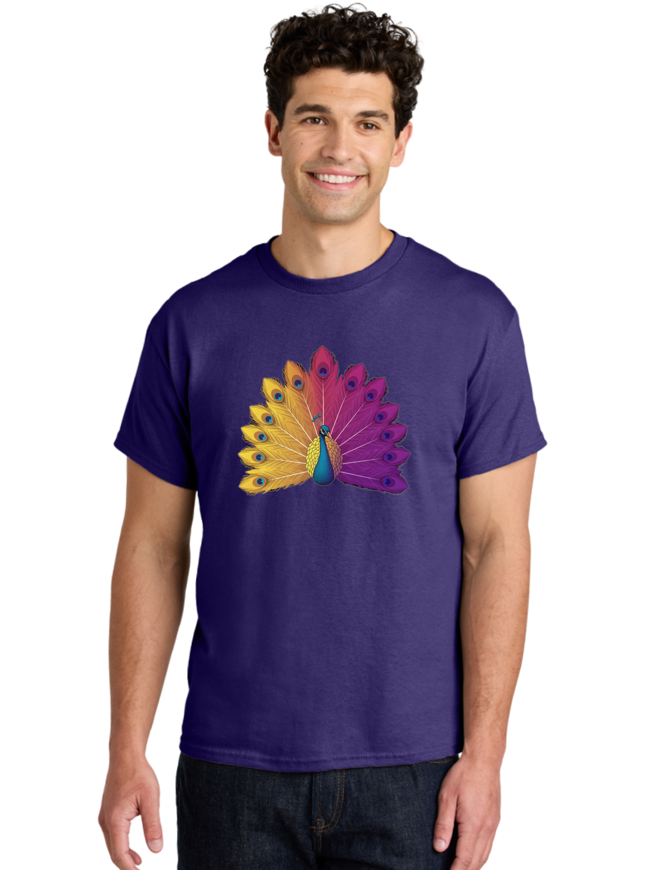 Peacock-28 Men'S Graphic Tee, 100% Cotton, Comfortable Casual Summer Wear, Machine Washable, Vibrant Peacock, Colorful Plumage, Blue Eyespots, Majestic Bird, Spread Feathers, Orange, Purple, And Yellow Hues, Exotic Beauty, Ornate Display, Bab090 10