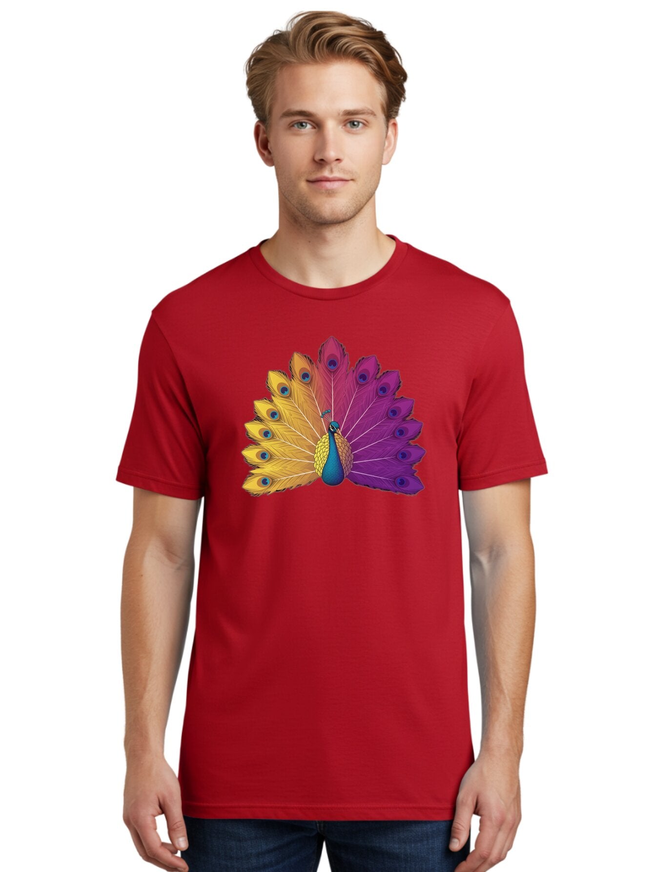 Peacock-28 Men'S Graphic Tee, 100% Cotton, Comfortable Casual Summer Wear, Machine Washable, Vibrant Peacock, Colorful Plumage, Blue Eyespots, Majestic Bird, Spread Feathers, Orange, Purple, And Yellow Hues, Exotic Beauty, Ornate Display, Bab090 23