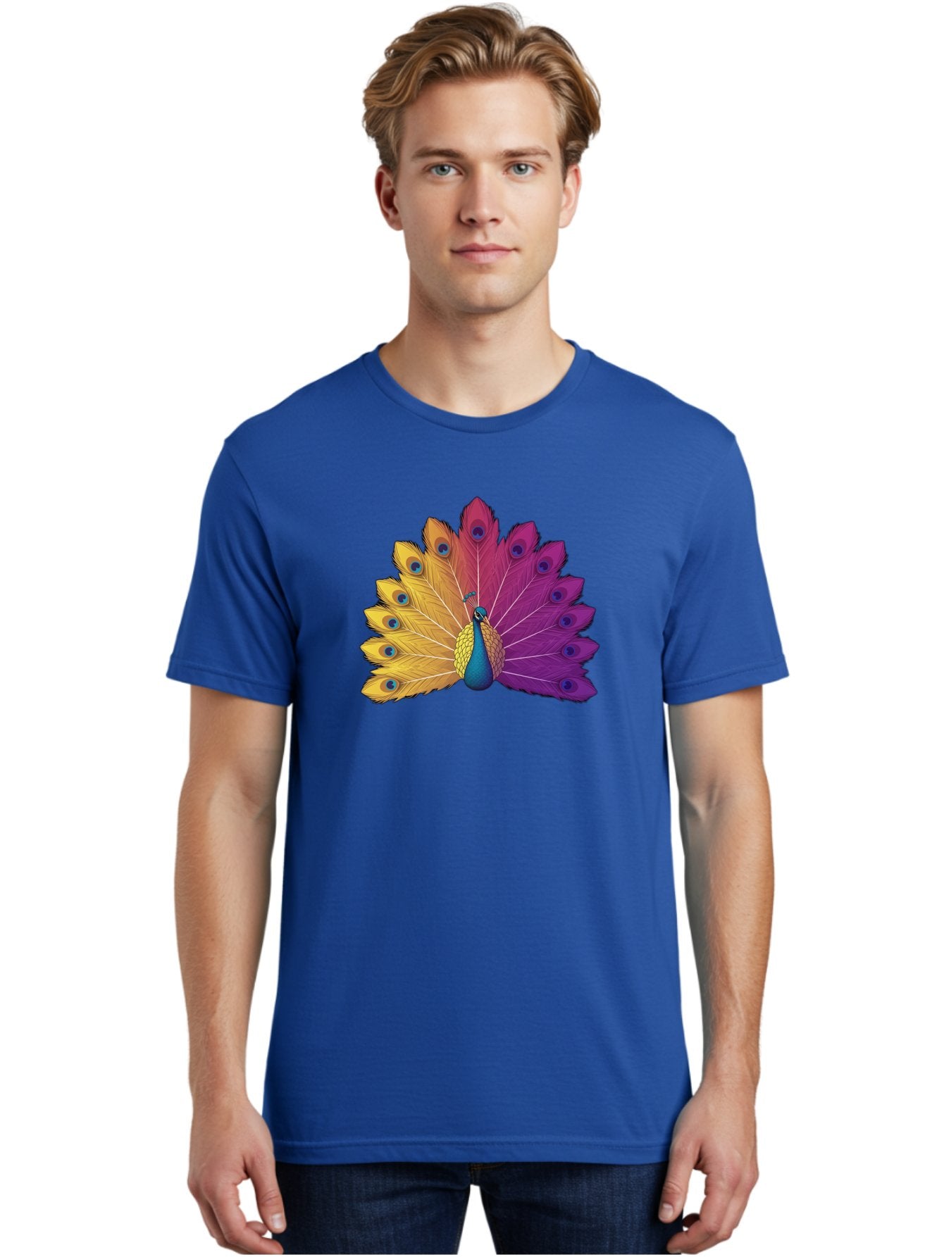 Peacock-28 Men'S Graphic Tee, 100% Cotton, Comfortable Casual Summer Wear, Machine Washable, Vibrant Peacock, Colorful Plumage, Blue Eyespots, Majestic Bird, Spread Feathers, Orange, Purple, And Yellow Hues, Exotic Beauty, Ornate Display, Bab090 20
