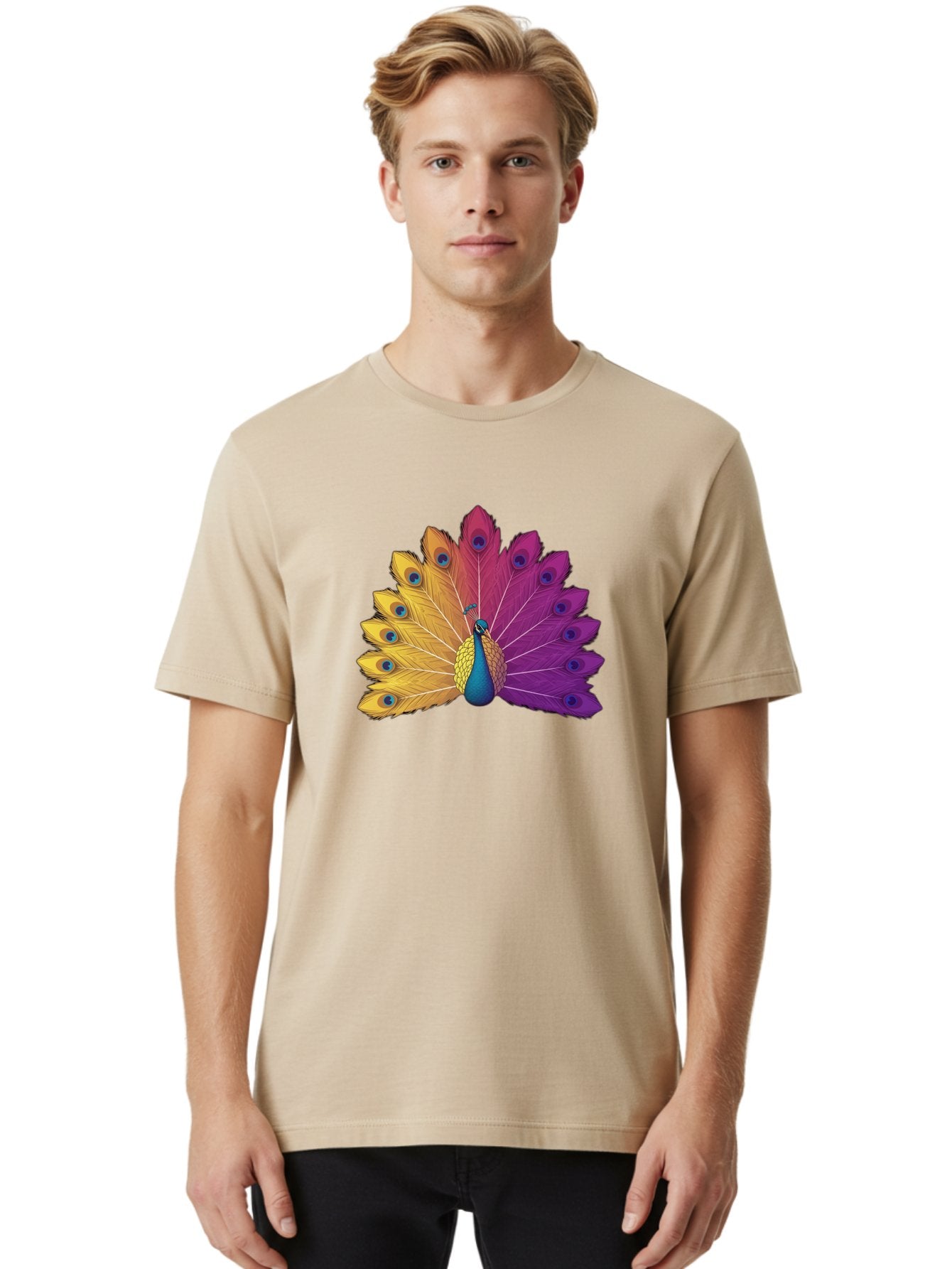 Peacock-28 Men'S Graphic Tee, 100% Cotton, Comfortable Casual Summer Wear, Machine Washable, Vibrant Peacock, Colorful Plumage, Blue Eyespots, Majestic Bird, Spread Feathers, Orange, Purple, And Yellow Hues, Exotic Beauty, Ornate Display, Bab090 24