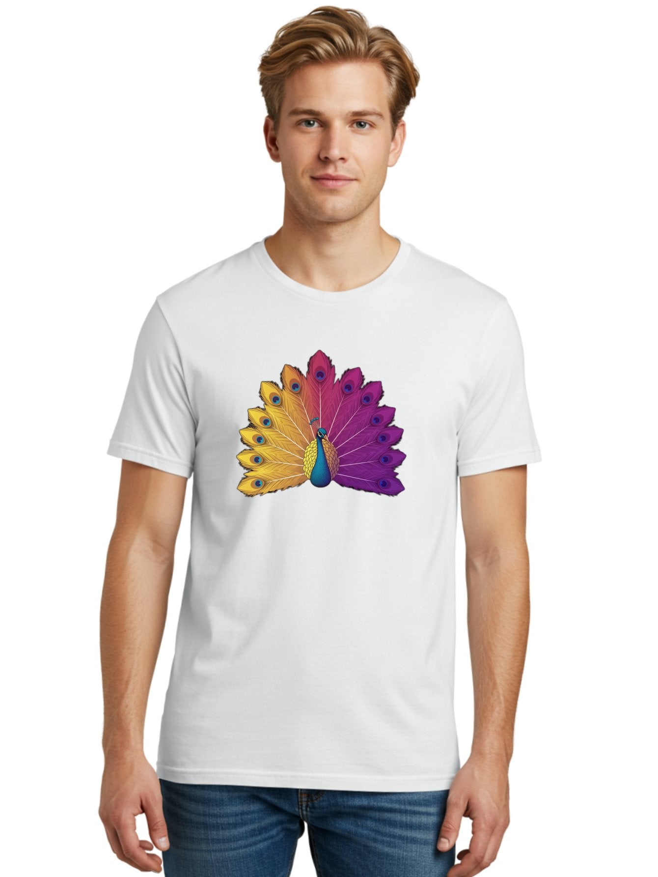 Peacock-28 Men'S Graphic Tee, 100% Cotton, Comfortable Casual Summer Wear, Machine Washable, Vibrant Peacock, Colorful Plumage, Blue Eyespots, Majestic Bird, Spread Feathers, Orange, Purple, And Yellow Hues, Exotic Beauty, Ornate Display, Bab090 28