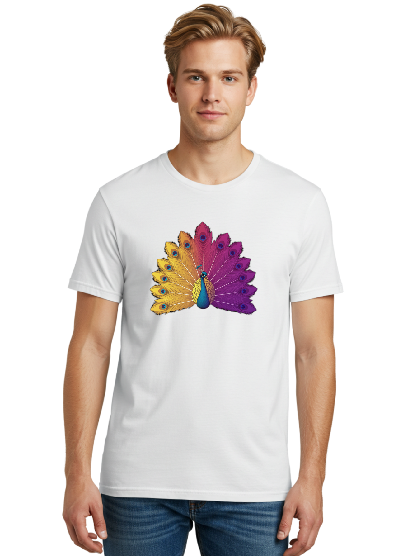 Peacock-28 Men'S Graphic Tee, 100% Cotton, Comfortable Casual Summer Wear, Machine Washable, Vibrant Peacock, Colorful Plumage, Blue Eyespots, Majestic Bird, Spread Feathers, Orange, Purple, And Yellow Hues, Exotic Beauty, Ornate Display, Bab090 6