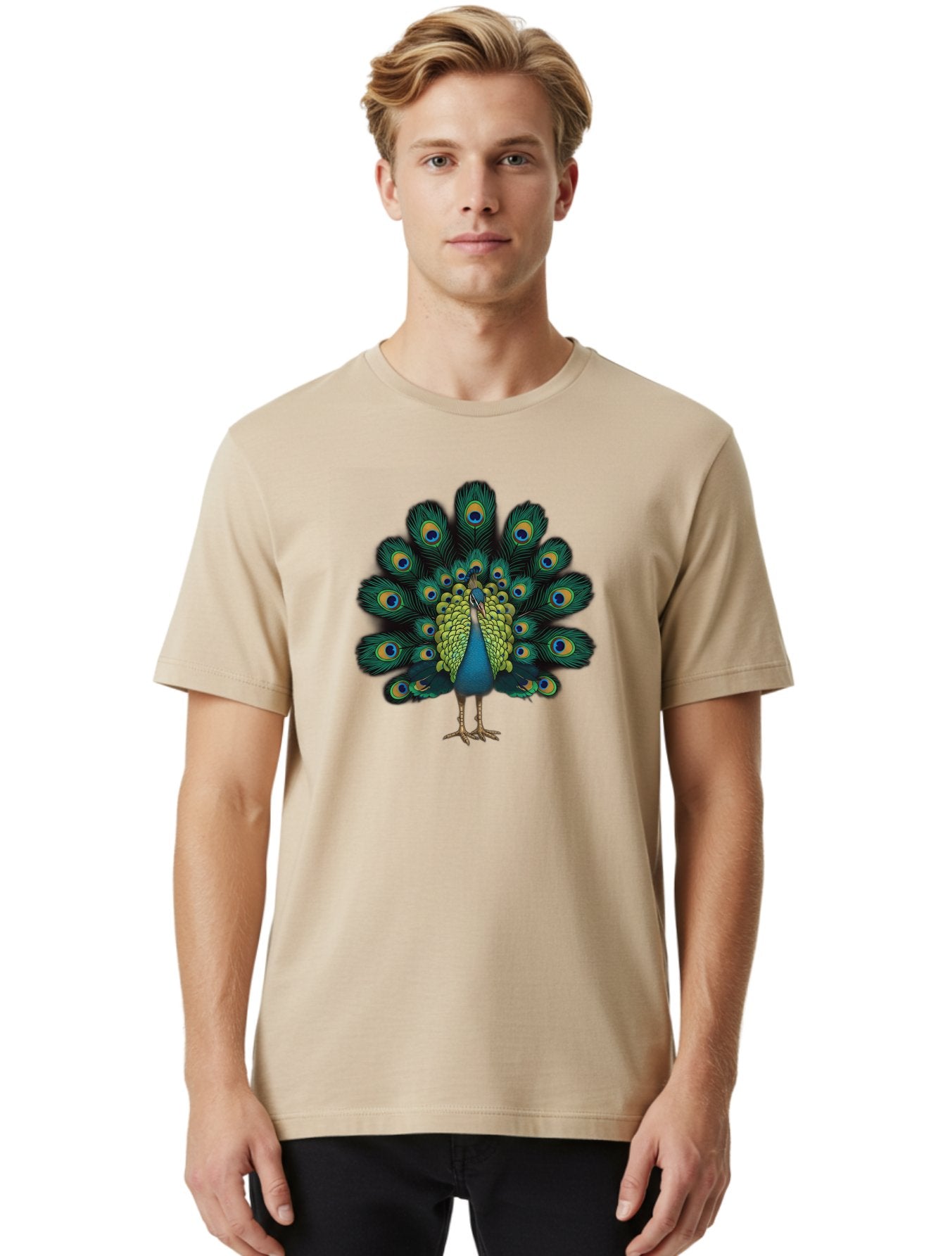 Peacock-29 Men'S Graphic Tee, 100% Cotton, Comfortable Casual Summer Wear, Machine Washable, Peacock Spreading Its Feathers, Vibrant Plumage, Blue And Gold Eye Spots, Turquoise Body, Majestic Bird, Exotic Beauty, Colorful Display, Bab091 18