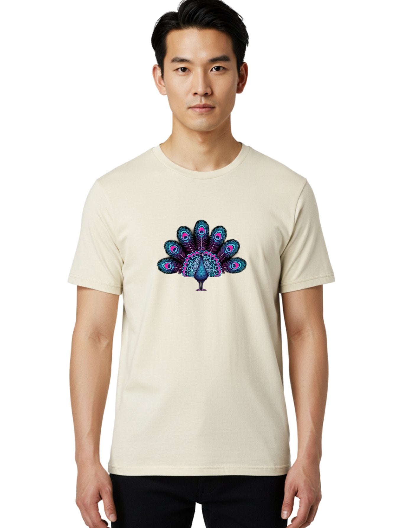 Peacock-30 Men'S Graphic Tee, 100% Cotton, Comfortable Casual Summer Wear, Machine Washable, Peacock Illustration, Colorful Plumage, Vibrant Feathers, Blue And Pink Hues, Eye-Catching Design, Bird Of Beauty, Ornate Tail, Artistic Render Bab093 27