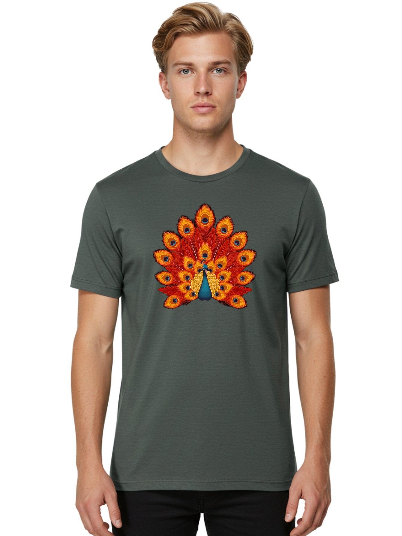Peacock-32 Men'S Graphic Tee, 100% Cotton, Comfortable Casual Summer Wear, Machine Washable, Peacock Feathers, Vibrant Colors, Iridescent Blues, Orange And Yellow Hues, Eye-Catching Pattern, Exotic Bird, Majestic Plumage, Eye Spots, Bab095 29