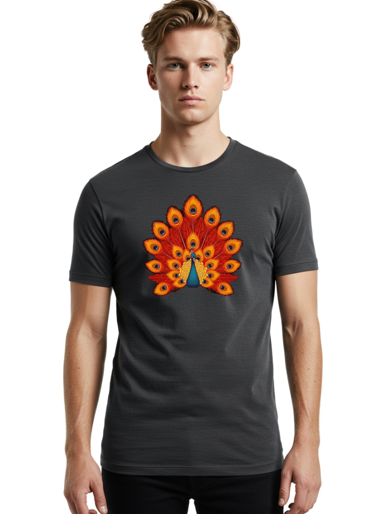 Peacock-32 Men'S Graphic Tee, 100% Cotton, Comfortable Casual Summer Wear, Machine Washable, Peacock Feathers, Vibrant Colors, Iridescent Blues, Orange And Yellow Hues, Eye-Catching Pattern, Exotic Bird, Majestic Plumage, Eye Spots, Bab095 21