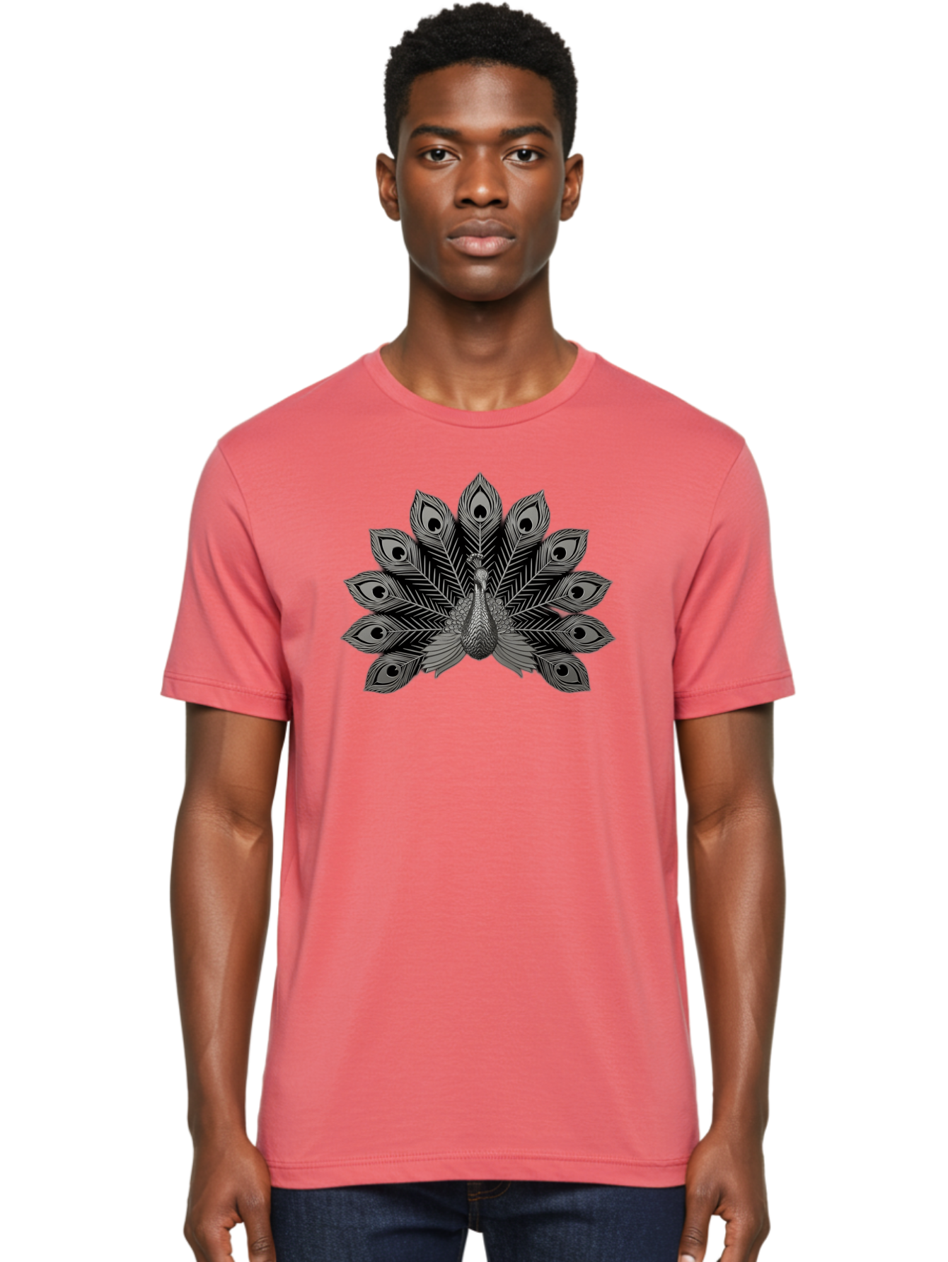 Peacock-33 Men'S Graphic Tee, 100% Cotton, Comfortable Casual Summer Wear, Machine Washable, Peacock With Spread Feathers, Black And White Illustration, Detailed Design, Bird With Eyespots, Artistic Depiction, Feather Pattern, Decorative Art Bab096