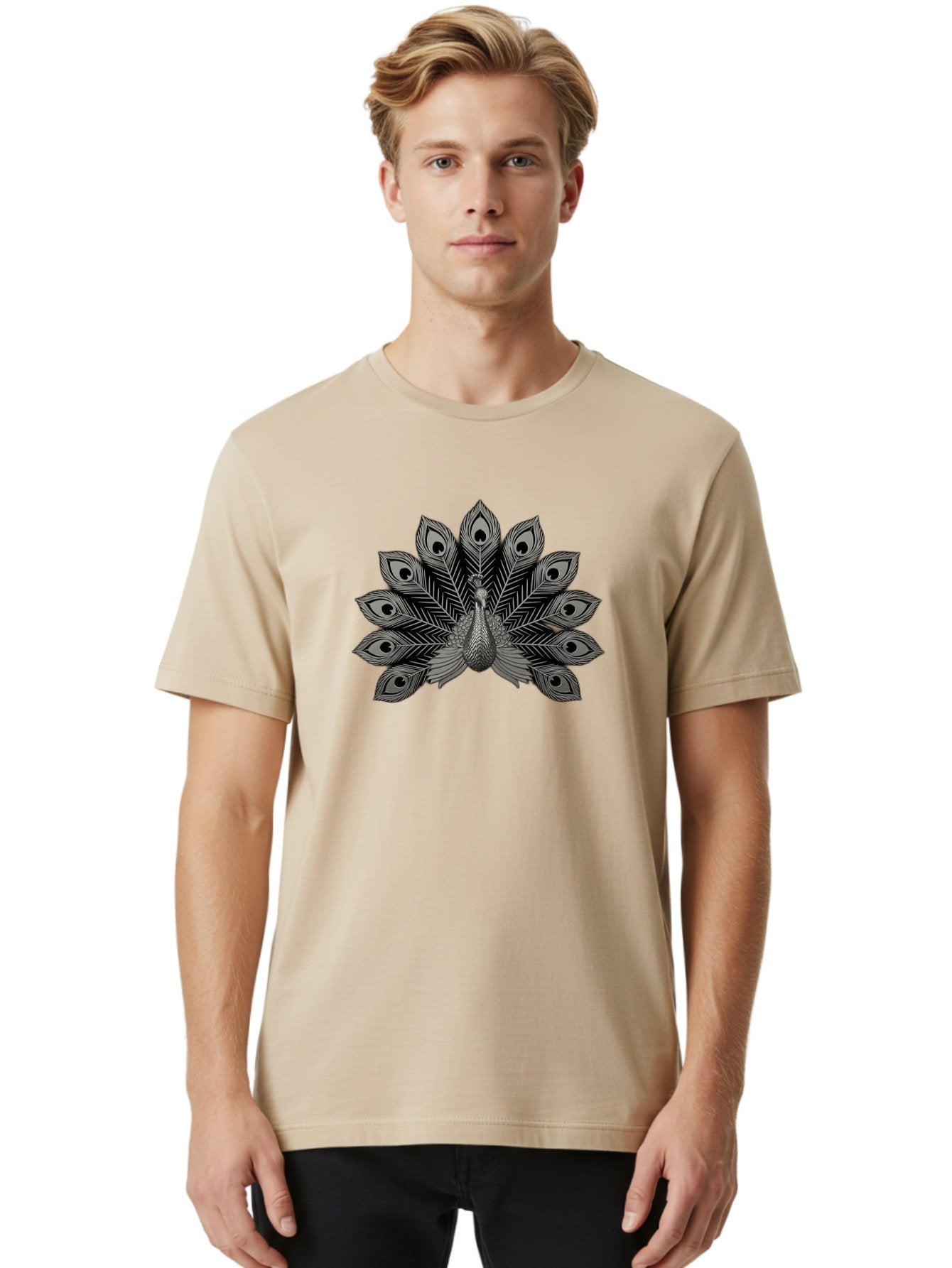 Peacock-33 Men'S Graphic Tee, 100% Cotton, Comfortable Casual Summer Wear, Machine Washable, Peacock With Spread Feathers, Black And White Illustration, Detailed Design, Bird With Eyespots, Artistic Depiction, Feather Pattern, Decorative Art Bab096 24