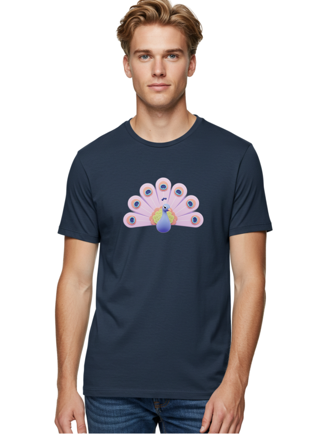 Peacock-4 Men'S Graphic Tee, 100% Cotton, Comfortable Casual Summer Wear, Machine Washable, Peacock Illustration, Colorful Plumage, Blue Bird, Purple Feathers, Orange Accents, Eye-Catching Design, Stylized Artwork, Vibrant Colors, Bab098 14