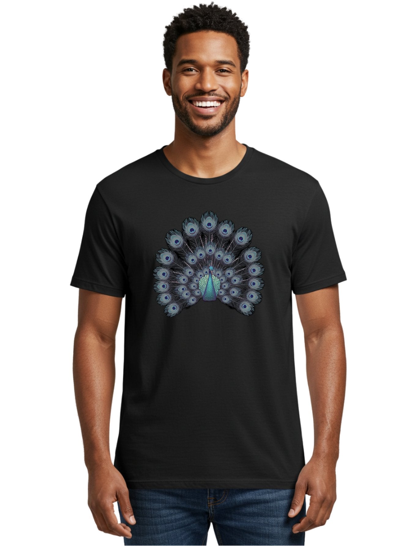 Peacock-5 Men'S Graphic Tee, 100% Cotton, Comfortable Casual Summer Wear, Machine Washable, Peacock, Blue Feathers, Feathers Spread, Bird Display, Eye-Catching, Iridescent, Blue Eyes, Feathered Friend, Nature'S Beauty, Majestic Bird Bab099 24